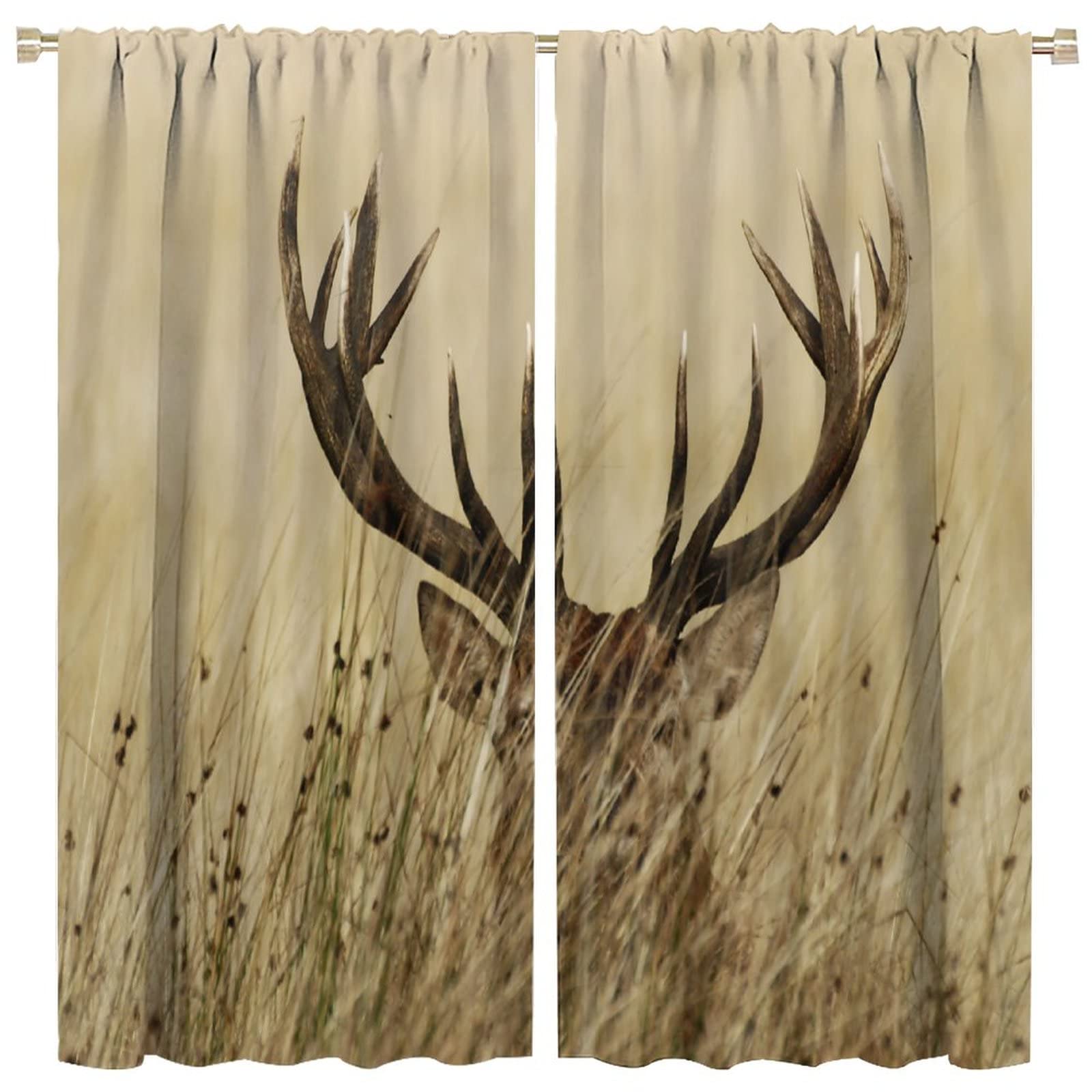 Deer Curtains Antler Fawn Wilderness Stag Countryside Rural Woodland Hunting Theme Rod Pocket Blackout Window Drapes 2 Panels Set for Bedroom Living