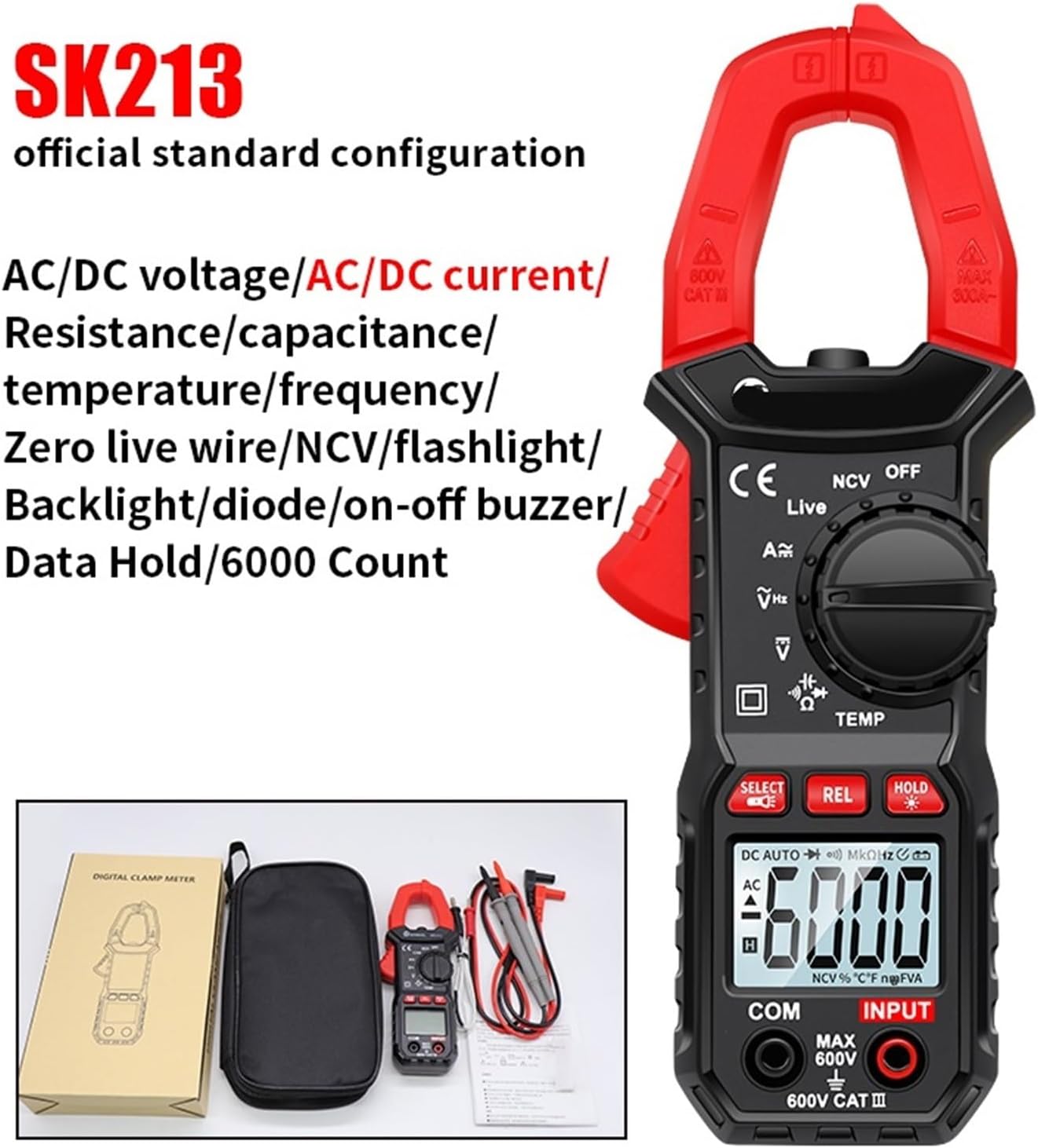 SK213 Digital Clamp Meter 600A AC DC Current Auto Range Pliers Ammeter Voltage Voltmeter Ohm Electrical Tester