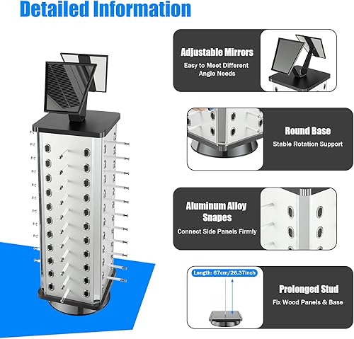Miniatura 10 de 44 pares de exhibidores de lentes de sol, soporte giratorio comercial de 360, soporte de almacenamiento independiente para lentes con espejo,