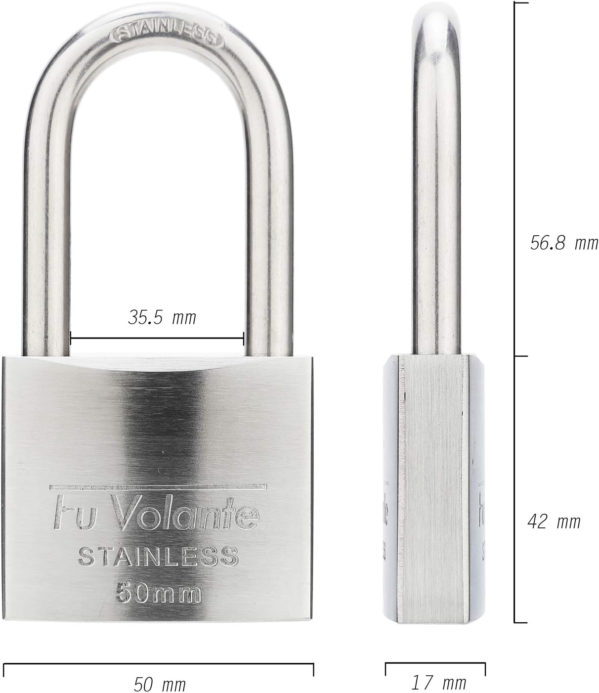 Stainless Steel Pin Tumbler Padlock, 304 Marine Series, Weatherproof Padlock for Outdoor use, 2 inch Wide Body, Keyed Alike Locks- Stainless Steel Body & Long Shackle-2 Pack