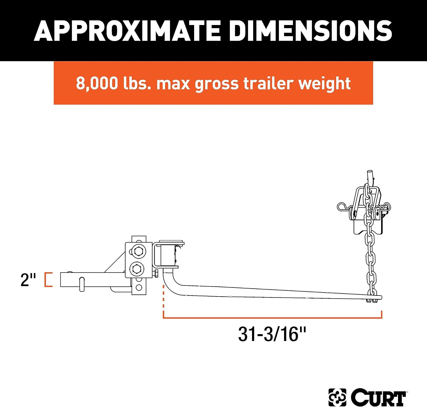 CURT 17051 MV Round Bar Weight Distribution Hitch, Up to 8,000 lbs., 2-Inch Shank