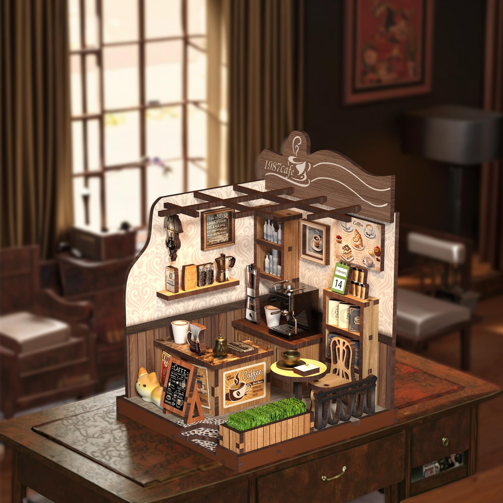 DIY Book Nook Kit- MINI CASA COUNTRY CAFE, Kit angolo lettura per adulti, Puzzle in legno, Decorazione libreria fai da te, Regali di Natale e Compleanno