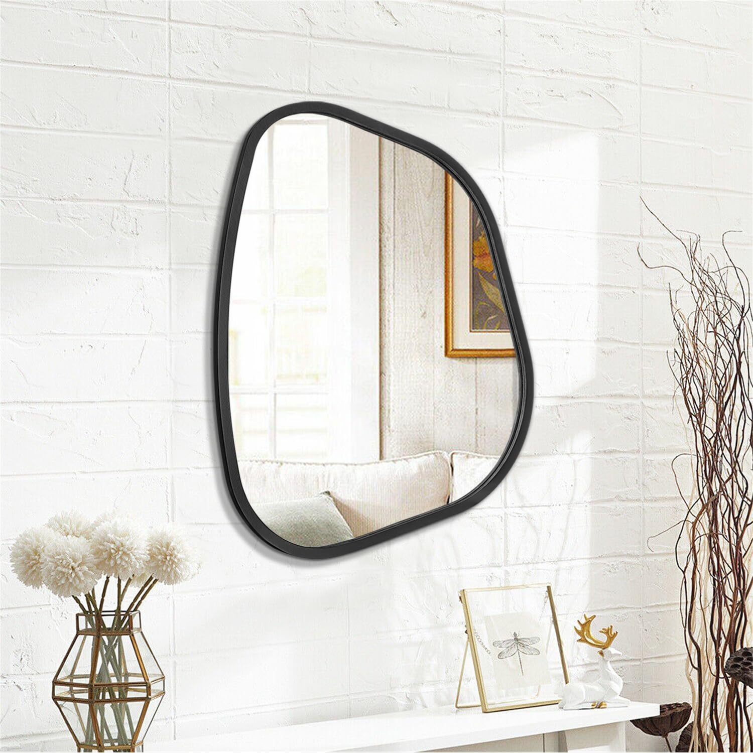 Schwarzer Asymmetrischer Spiegel Großer 50 x 40 cm Unregelmäßiger Ovaler Wandspiegel Moderner Holzrahmen Wand befestigter Spiegel Dekorativ für Wohnzimmer Schlafzimmer Badezimmer