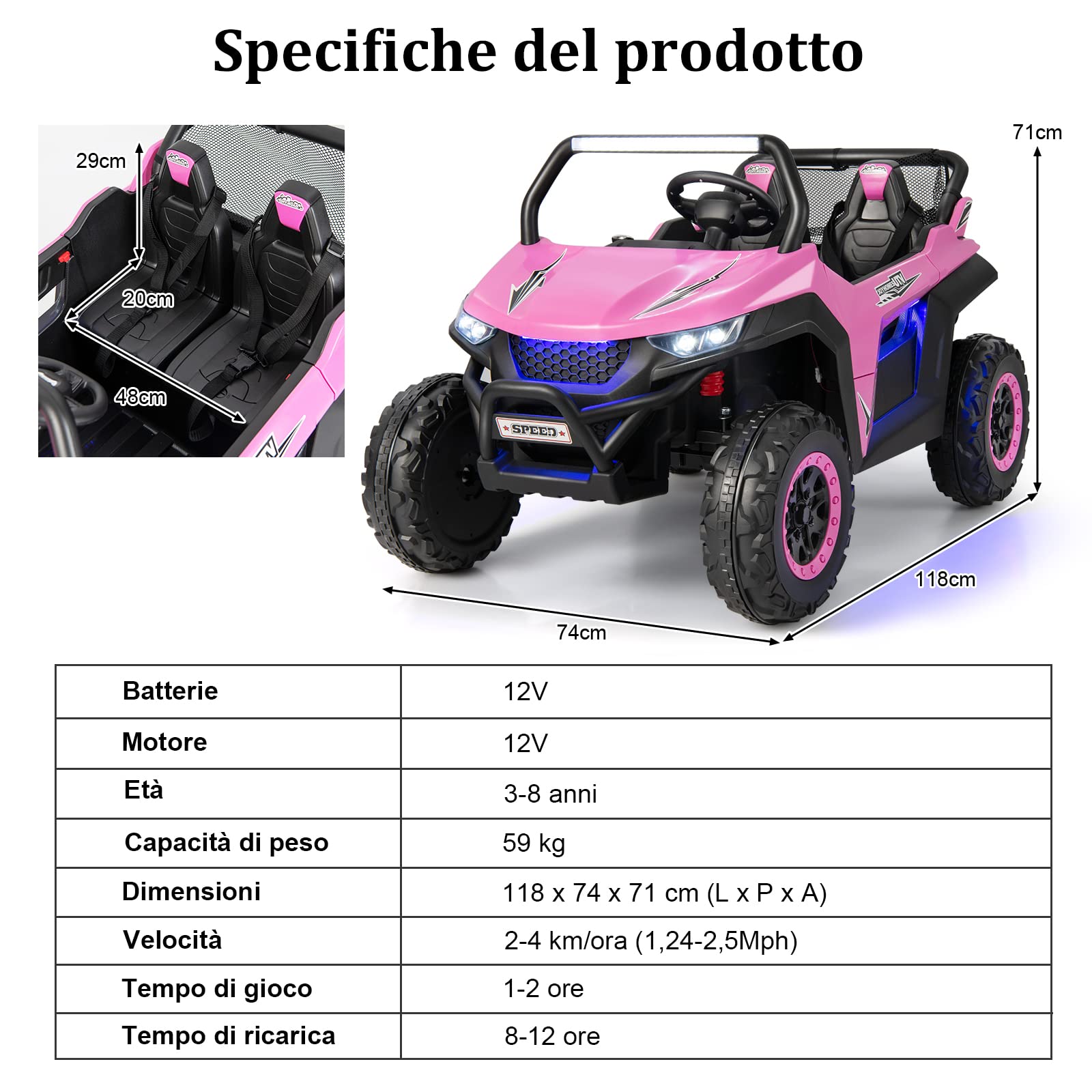 COSTWAY 12V Auto Elettrico per Bambini, Macchina Fuoristrada a 2 Posti, Macchina Elettrica con Luci Suoni, Regalo per Bambini 3-8 Anni, 118x74x71 cm (Rosa)