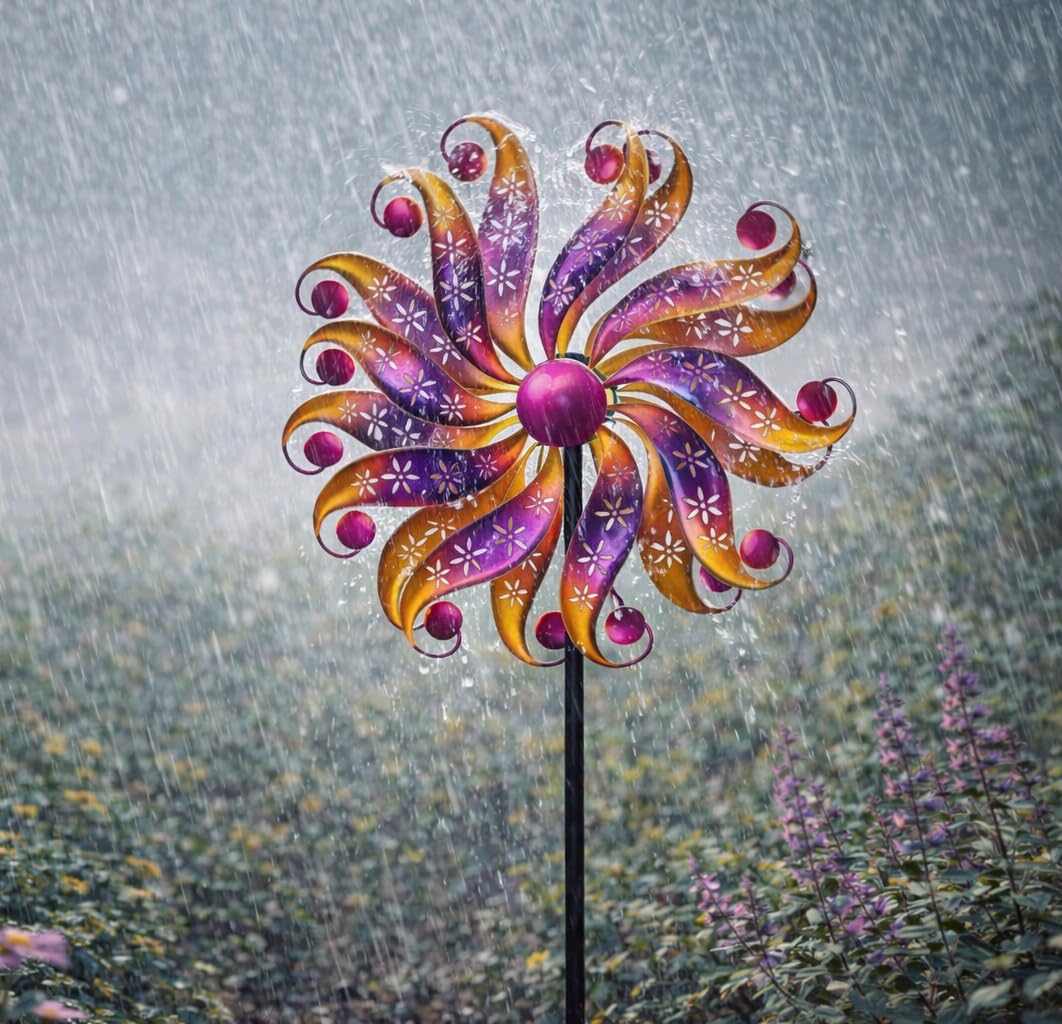 formano Windrad Blume Garten Metall bunt kugelgelagert Windspiel Ø 30/122 cm mit Acryl-Steinen & Erdspieß | Wetterfeste Gartendeko für Beet, Rasen & Terrasse | Vogelabwehr