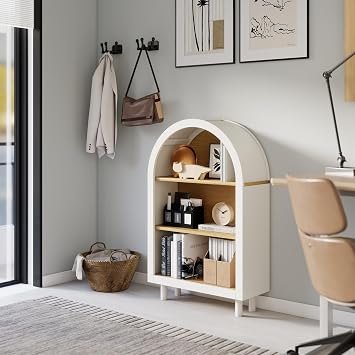 Bookshelf, Arched Bookshelf 3 Tier Bookcase, Wood Open Display Floor Arched Book Shelf for CDs/Books, Home Office Shelf Storage Organizer, Modern Book Shelf for Bedroom/Living Room Oak
