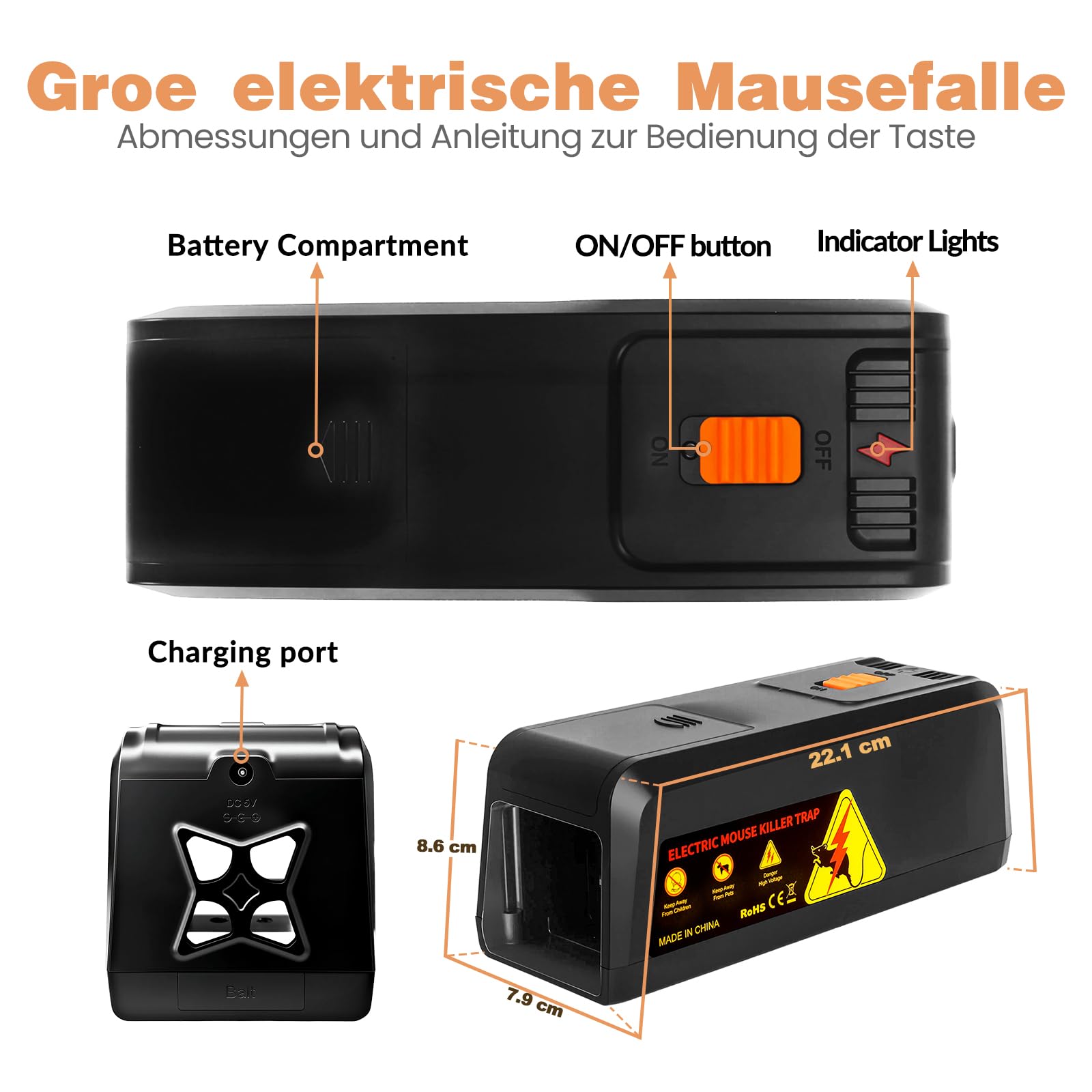 Elektrische Rattenfalle 2800V, Wiederverwendbare Mausefalle Elektrisch mit Großem Einlass, Sofortige und Schmerzlose Schädlingsbekämpfung, Hygienische Elektronische Schlagfalle für Mäuse und Ratten