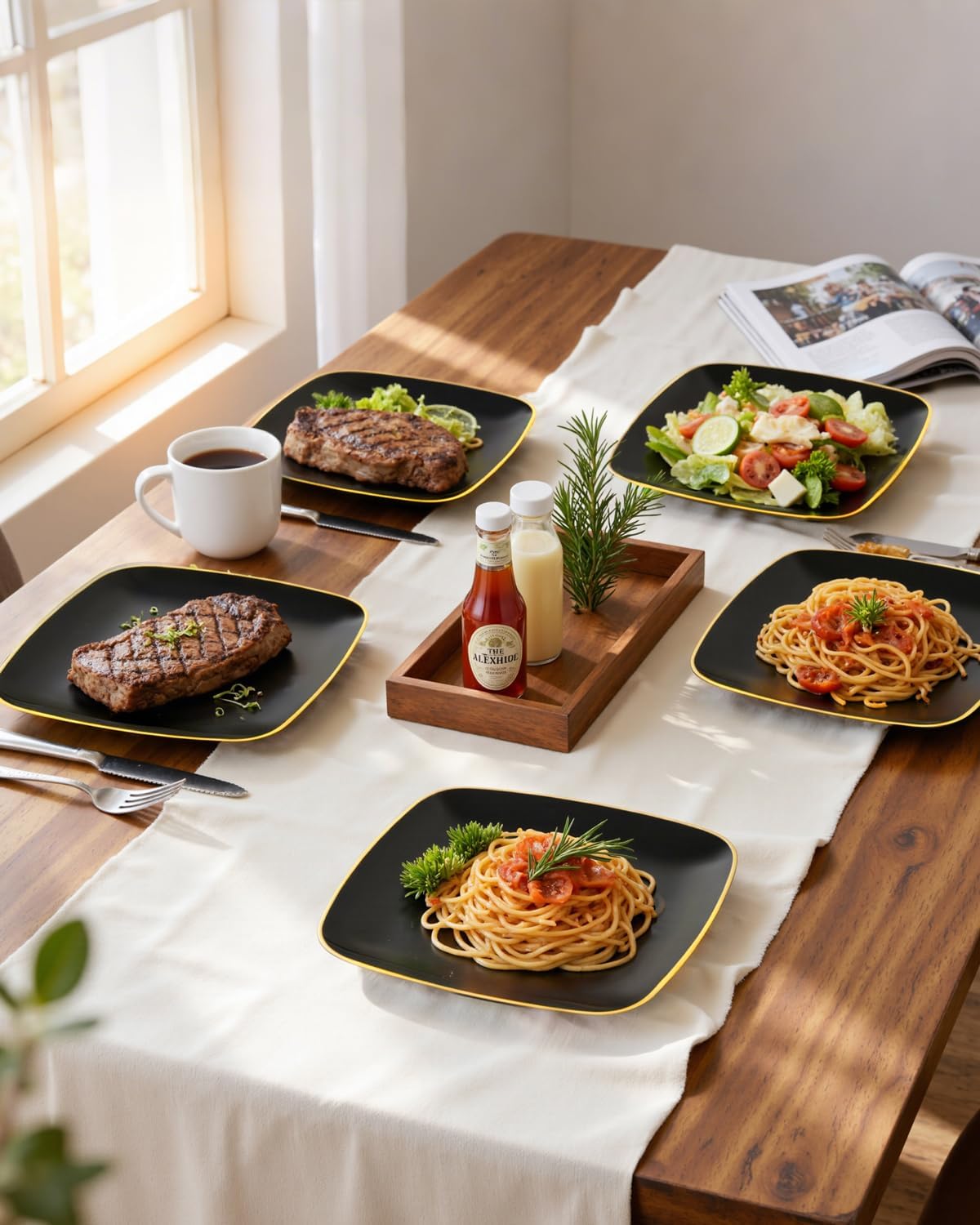 bUCLA 100PCS Black Plastic Plates with Gold Trim - Heavy Duty Black Gold Square Plates Disposable - Include 50 Each (Dinner & Dessert) for Party & New Year - Image 5