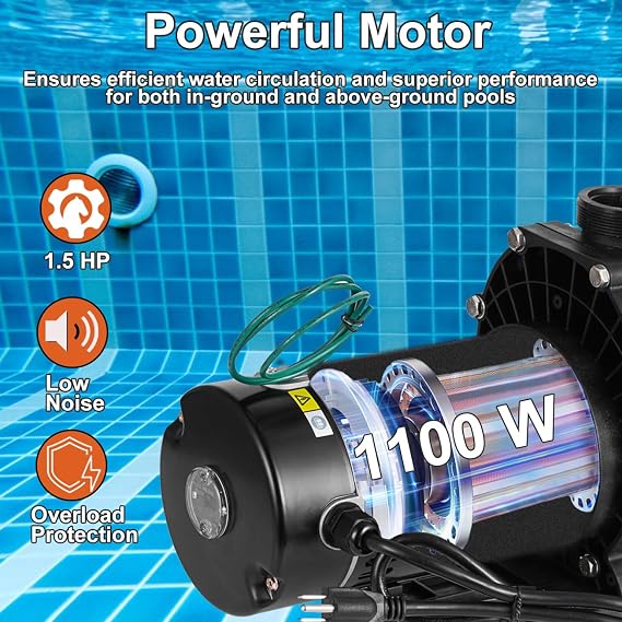 Pool Pump 1.5 HP, Dual Voltage 110/220 V Swimming Pool Pump 6500 GPH in/Above Ground Pool Pumps 1100 W Powerful Self Priming Pump for Residential/Commercial Pools, Spas and Hot Tubs