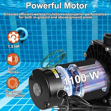 Pool Pump 1.5 HP, Dual Voltage 110/220 V Swimming Pool Pump 6500 GPH in/Above Ground Pool Pumps 1100 W Powerful Self Priming Pump for Residential/Commercial Pools, Spas and Hot Tubs
