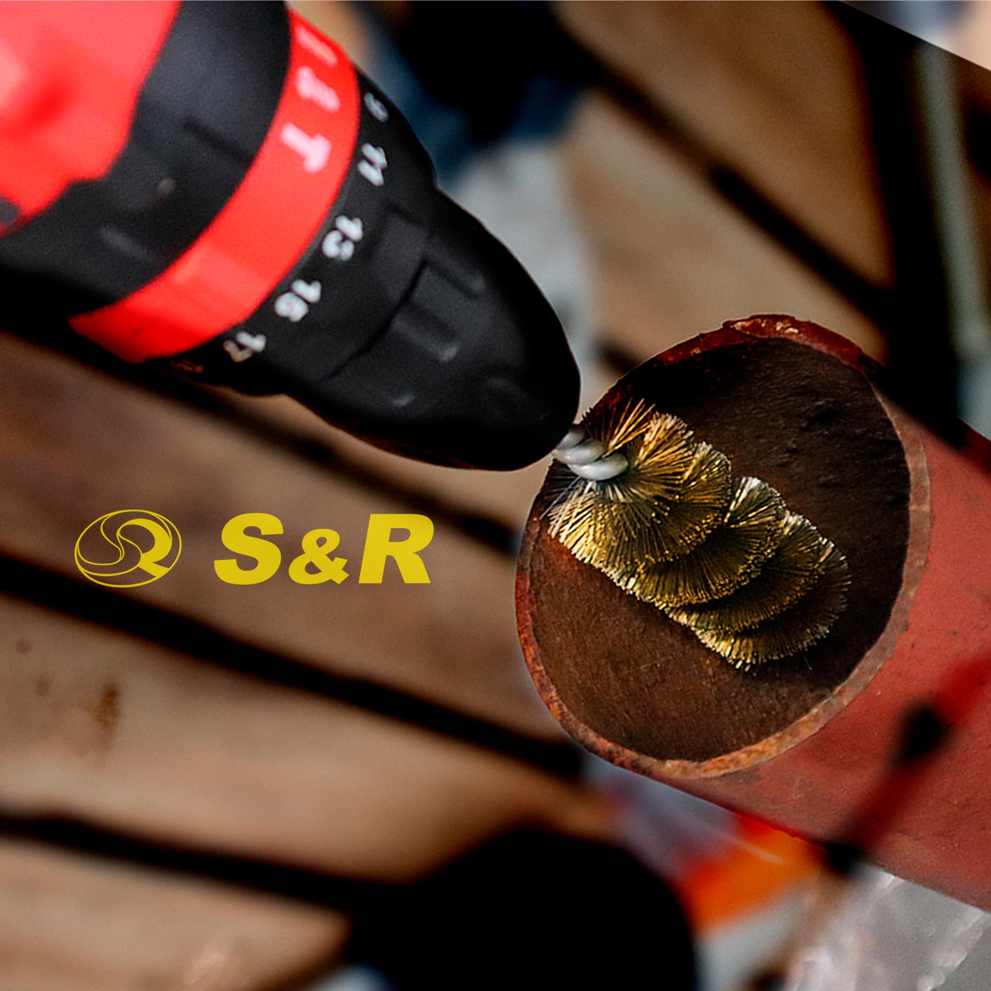 S&R Juego de 7 cepillos de alambre para taladro, destornillador inalámbrico. Cepillo para Lijar y Limpiar Madera Metal Pintura, Cepillos de Alambre de Latón Ø 0,5 mm, Vástago Hexagonal 6 mm 1/4"