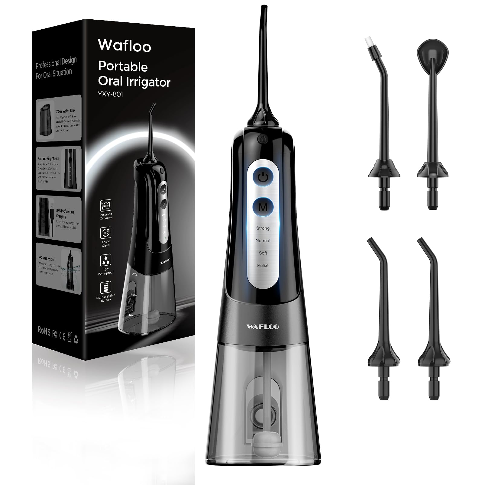 Water Flosser Elettrico Senza Fili con 4 Modalità e 4 Ugelli, Idropulsore Orale IPX7 Impermeabile, Serbatoio da 300ml, per Uso Domestico e da Viaggio - Nero