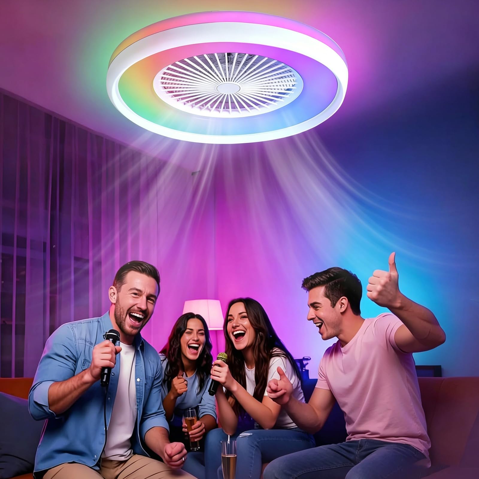 ZOMLBOF 48cm Quiet Fan with 6 Speeds,Alexa Compatible Google Assistant,Reversible,Timer RGB Ceiling Fan Light, Dimmable Smart White Fan Lamp with Memory,APP and Remote,for Bedrooms,Studies Game Rooms