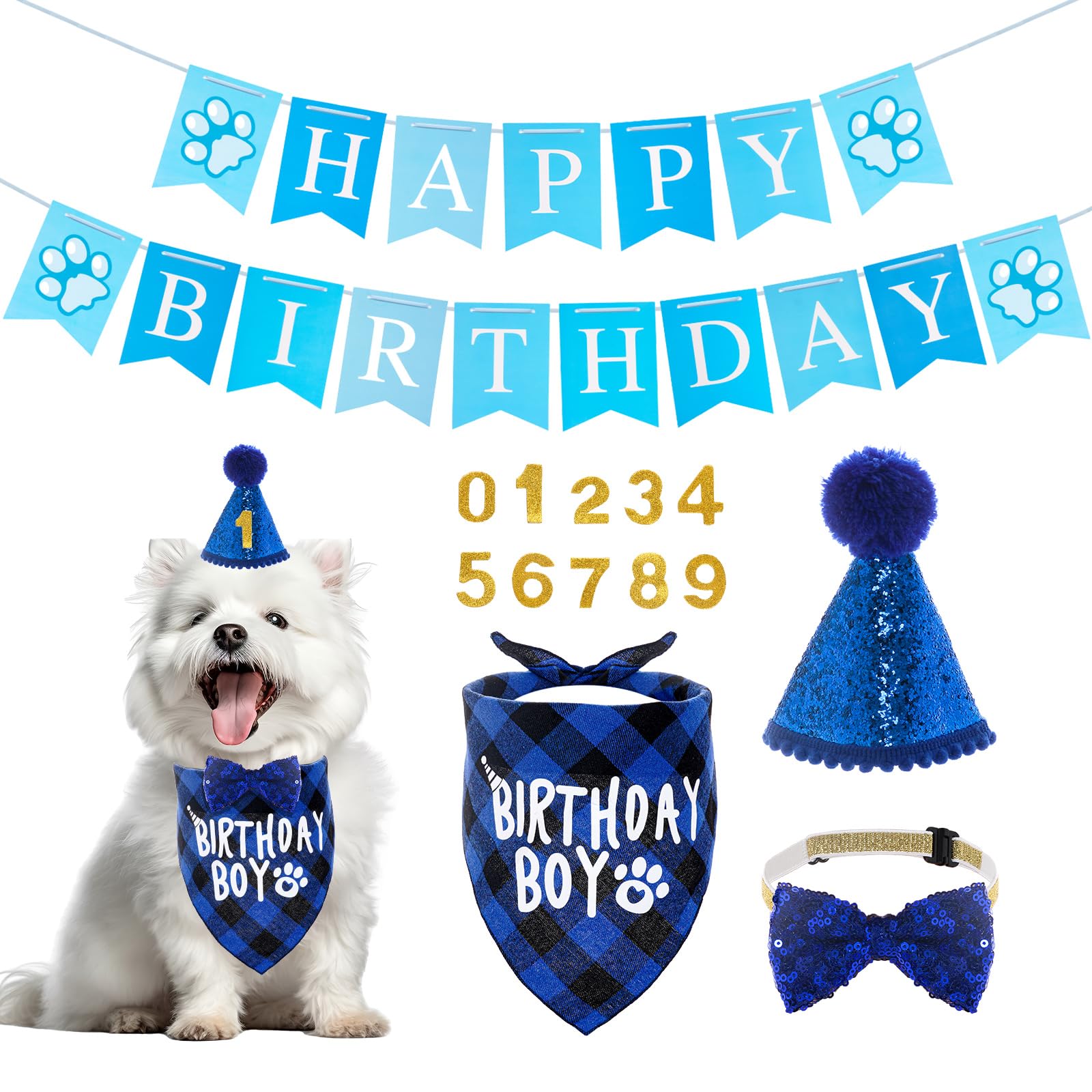 Set Compleanno Cane - Cappello E Bandana Con Numeri Glitter Per Feste