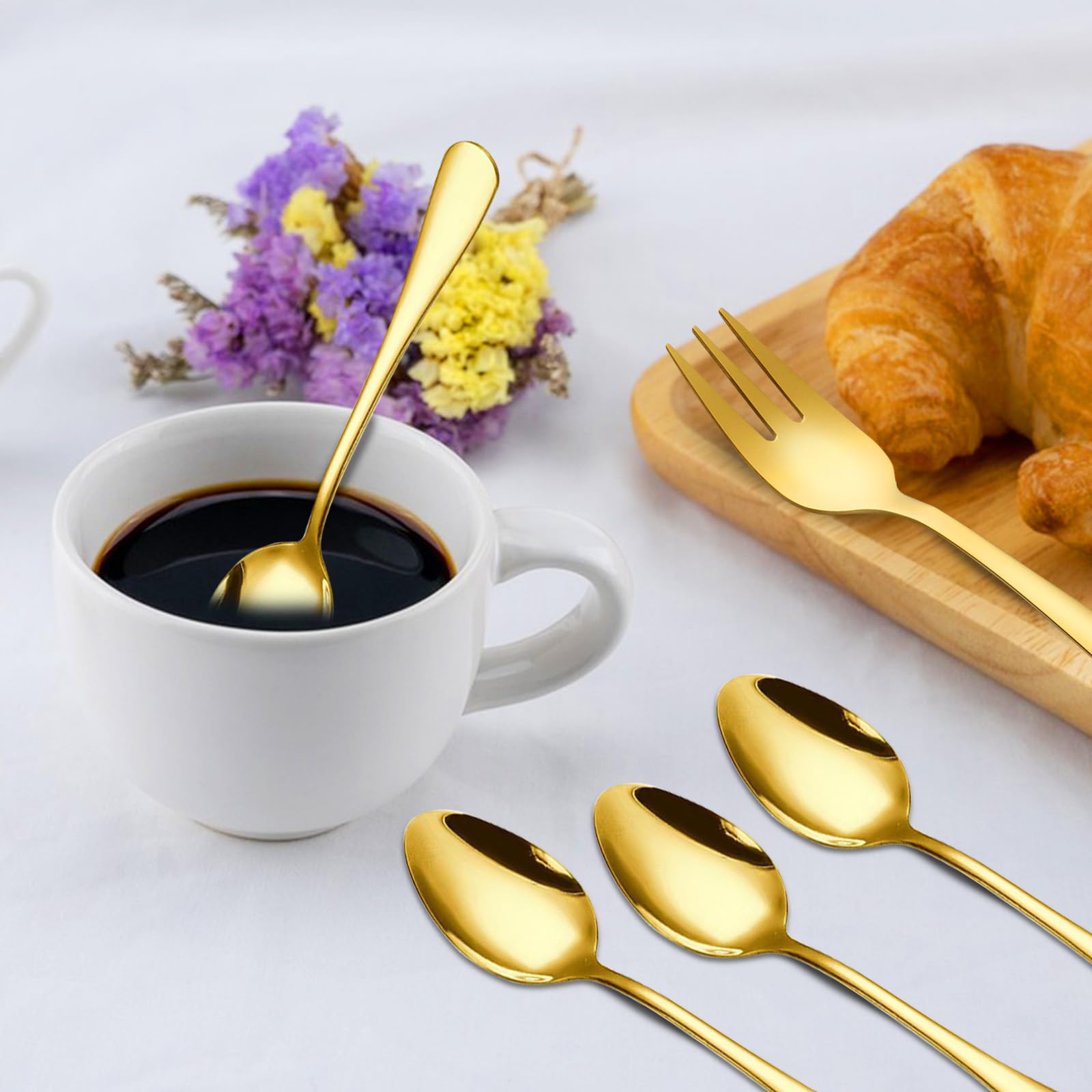 Set Oro 24 Pezzi Cucchiaini da Caffè e Forchettine da Dolce – Posate Piccole Eleganti in Acciaio Inox per Matrimonio, Compleanno, Natale – Resistenti e Lavabili in Lavastoviglie