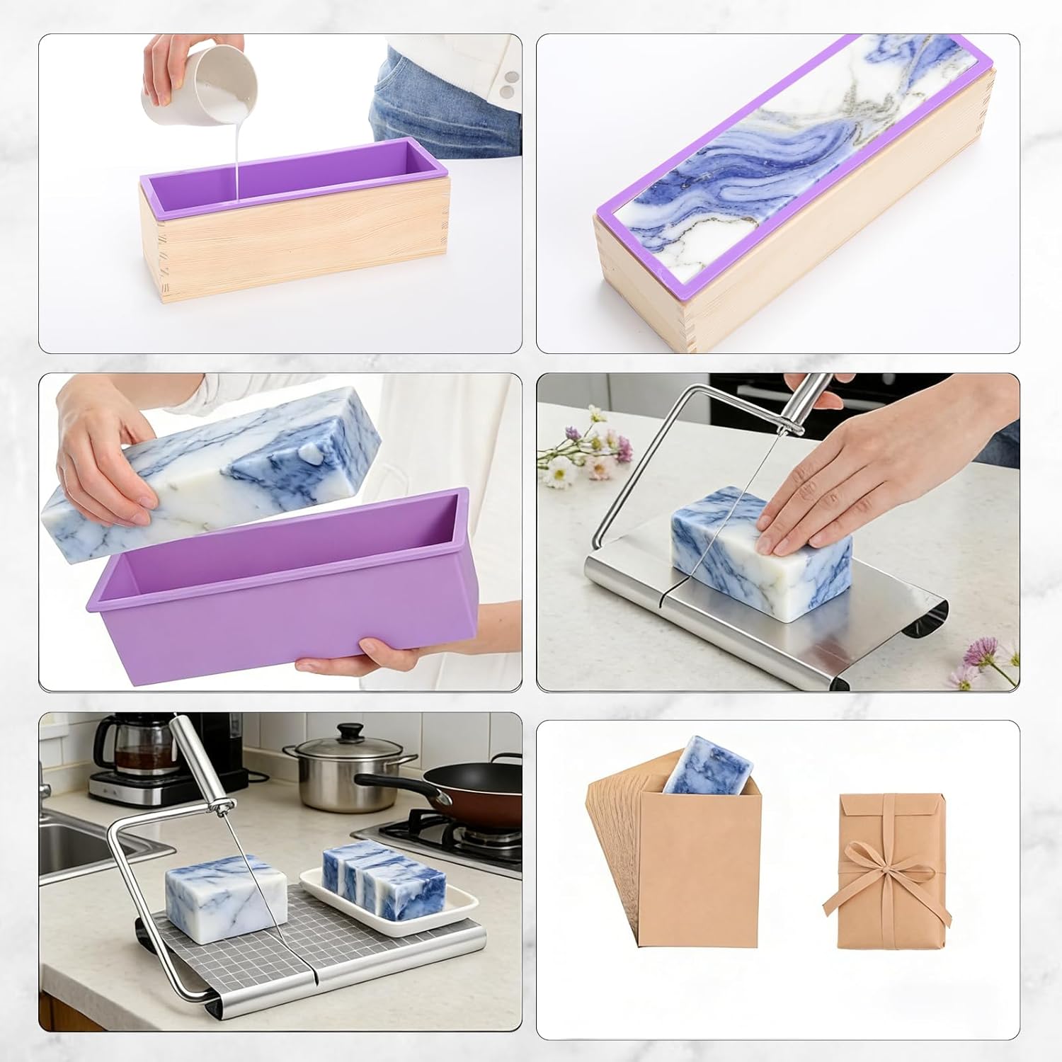 Novabright Soap Cutter with Mold Making Kit Stainless Steel Soap Cutters Adjustable Wire with Scale 42 oz Silicone Molds and 25 Paper Packaging Bags DIY Craft Gifts for Wedding Wife Women Housewife