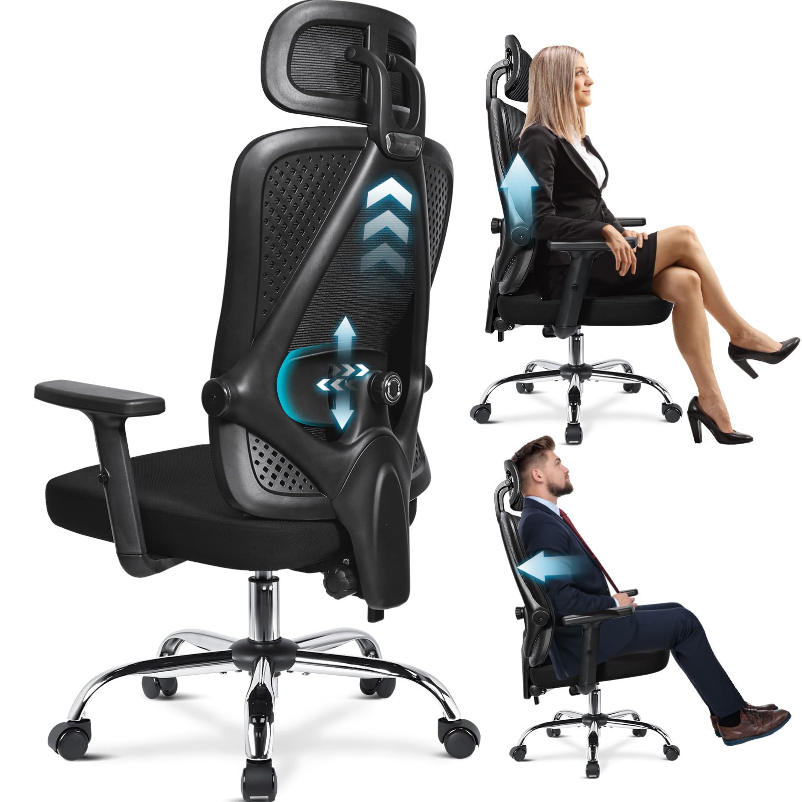 MELOKEA Ergonomic Office Chair with Adjustable Lumbar and Backrest Height, Heavy Duty Mesh Desk Chair 90° to 140° Freely Lock, Design for Home Gaming Business European Body Type Max 1.95m 330LBS