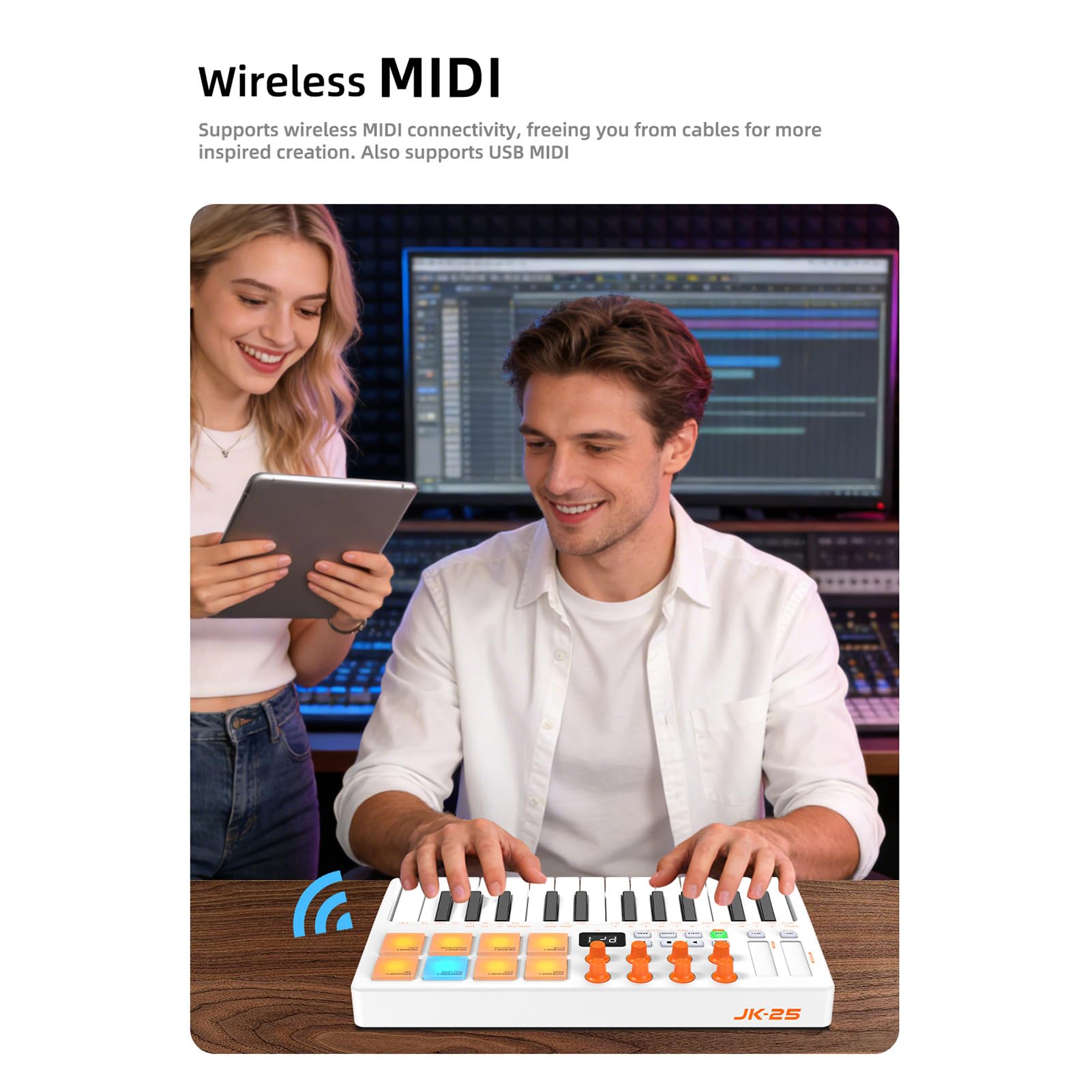 Asixxsix Tastiera controller, mini tastiera MIDI professionale a 25 tasti con 2 opzioni di connettività e 8 pad per batteria retroilluminati (WHITE)