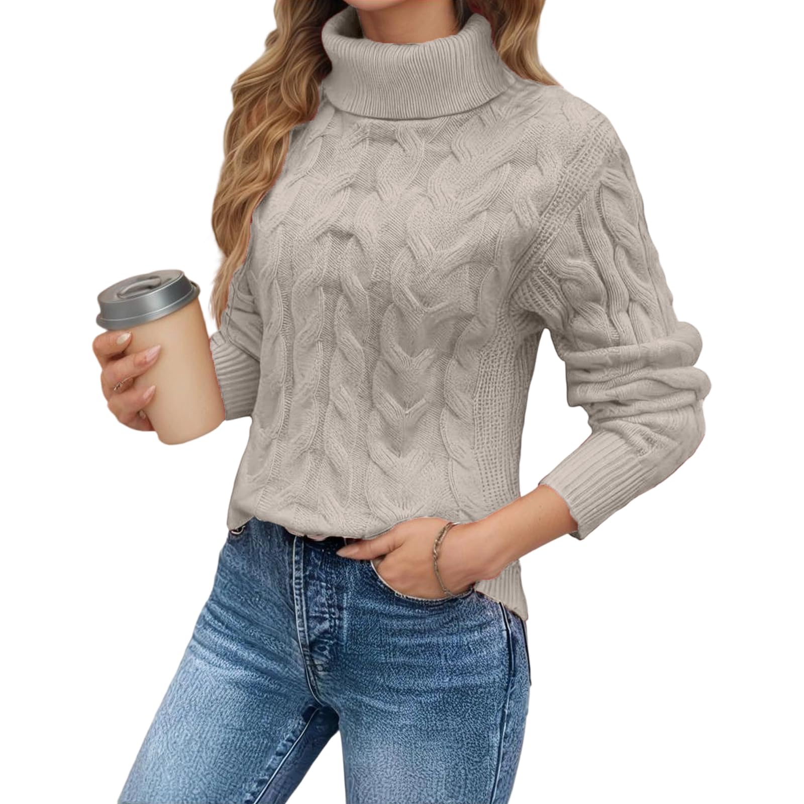 Womens Long Sweaters Turtleneck Cable Knit Sweater-Solid Color Oversized Thick Warm Slim Fit Sleeve Pullover