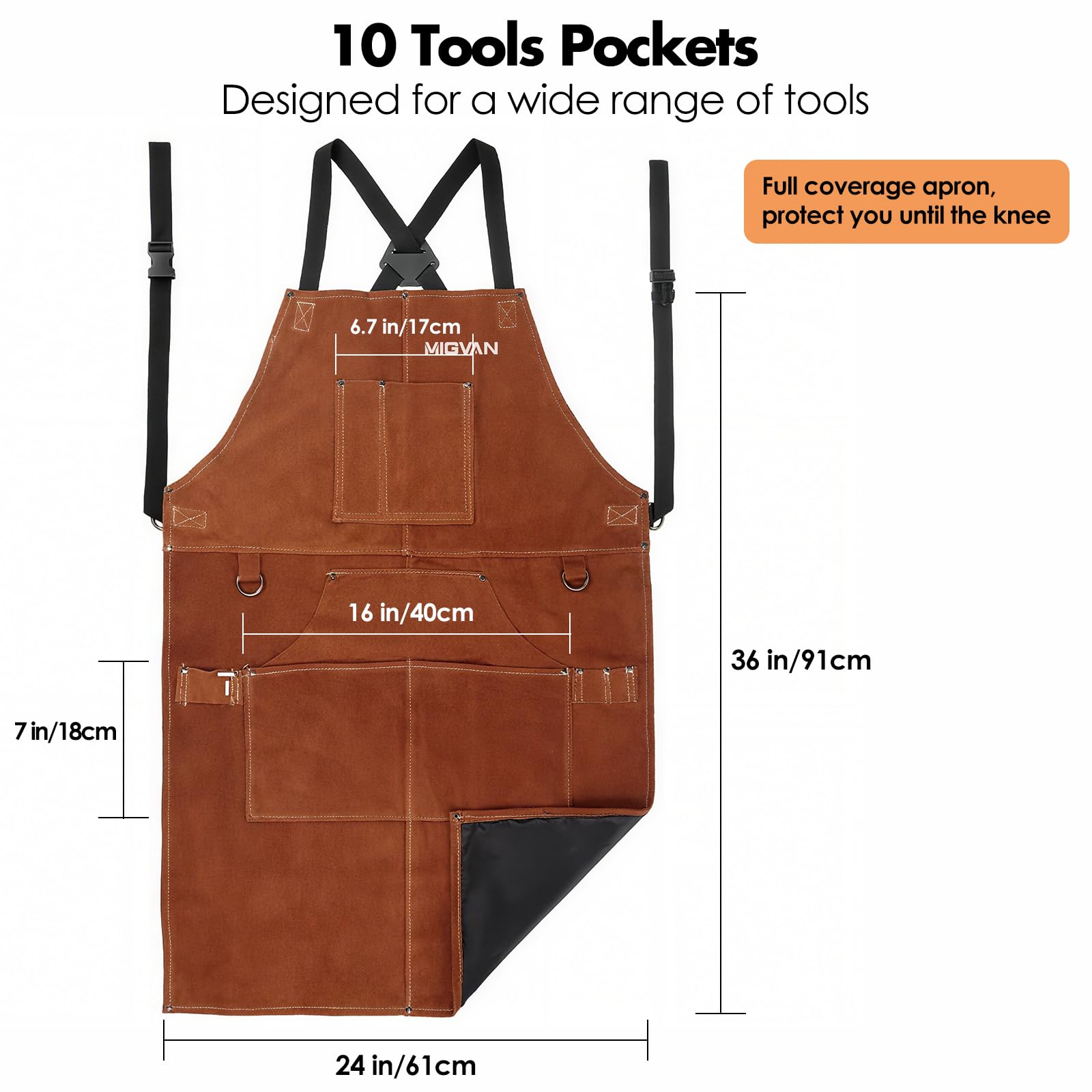 Delantal de soldadura de cuero vacuno – Delantal ignífugo y resistente al calor con 10 bolsillos, ajustable talla M a XXL para taller, soldar, jardín y garaje – 61x91 cm