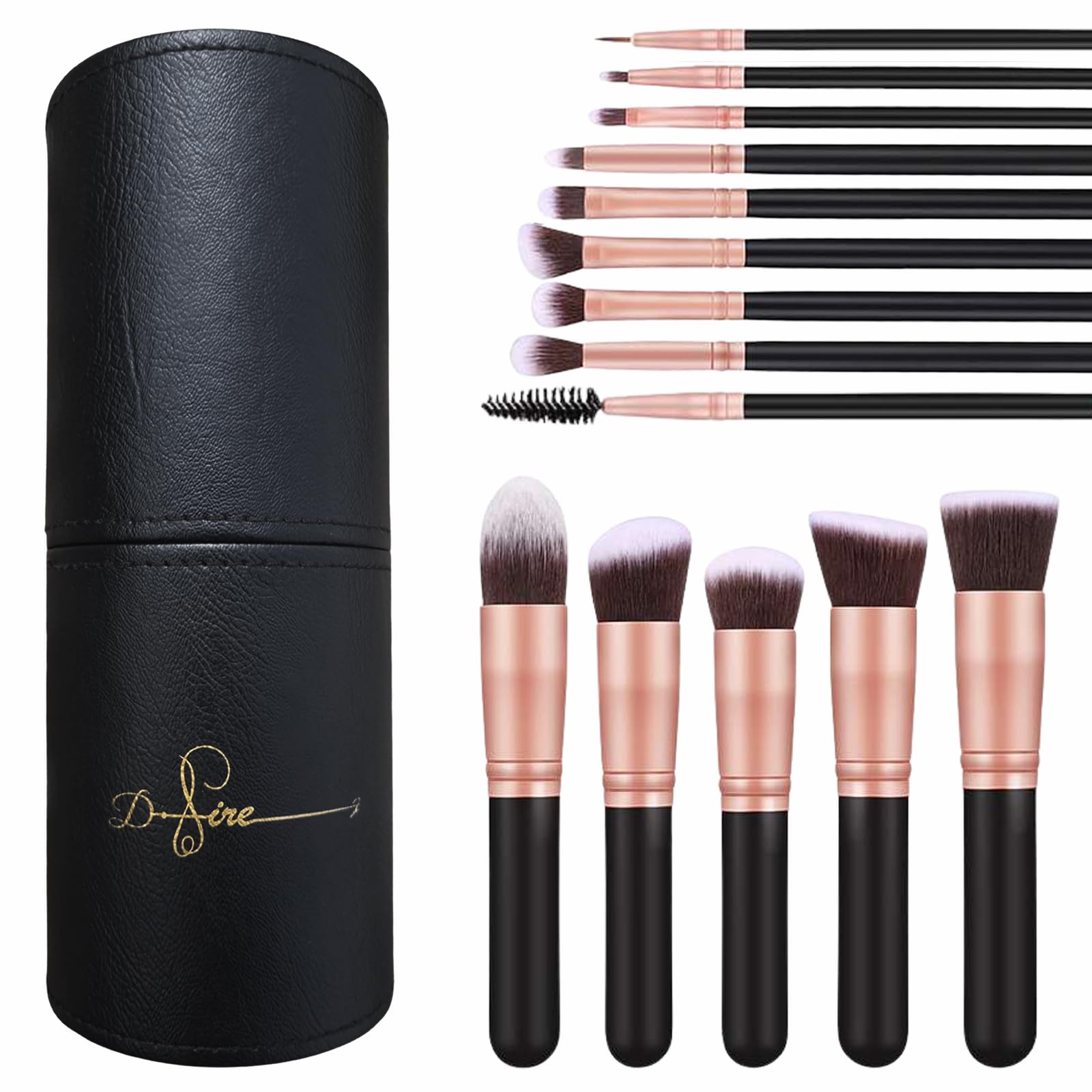 D.sirez Professional Makeup Brush Set- 14 piece Luxury Vegan Makeup Brush Set including Holder, Black & Rose Gold, Varies