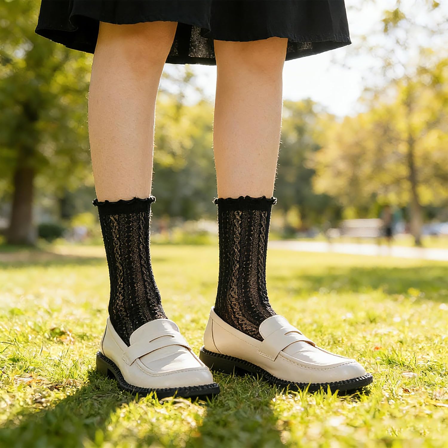 Cityelf 7 Pack Women's Black Ruffle Socks Mesh Lace Cotton Casual Crew Ultra Thin Frilly Ankle Socks - Image 6