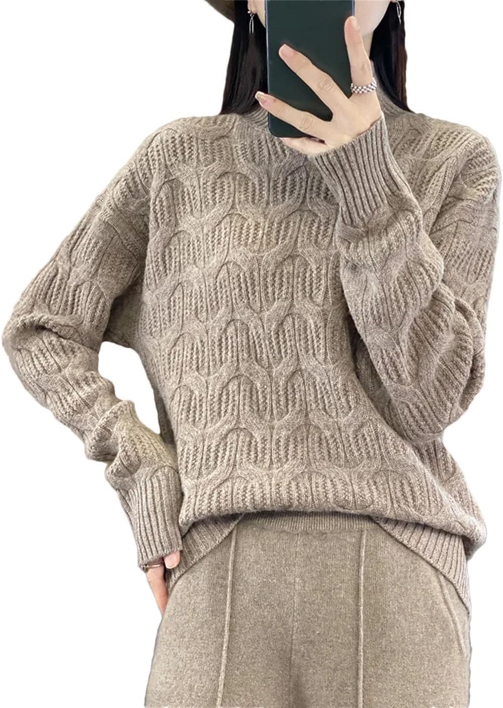 Women's 100% Australian Wool Sweaters Mock Neck Long Sleeves Cable Knit Jumper Winter Basic Soft Thermal Tops