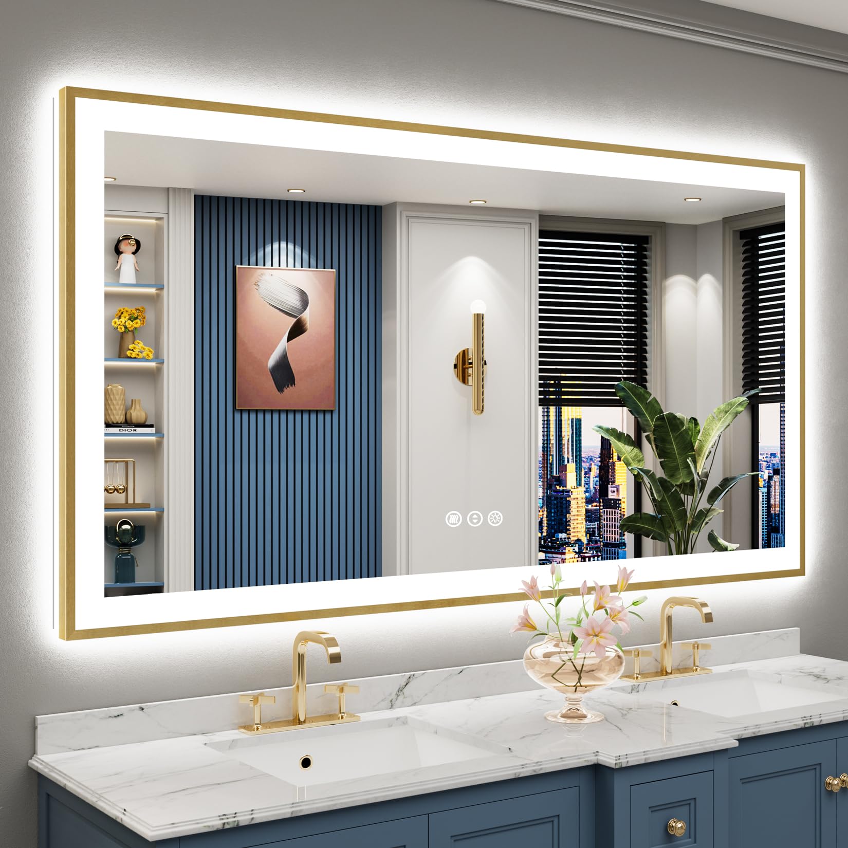 68x36 Gold LED Bathroom Mirror with Lights, Lighted Vanity Mirror