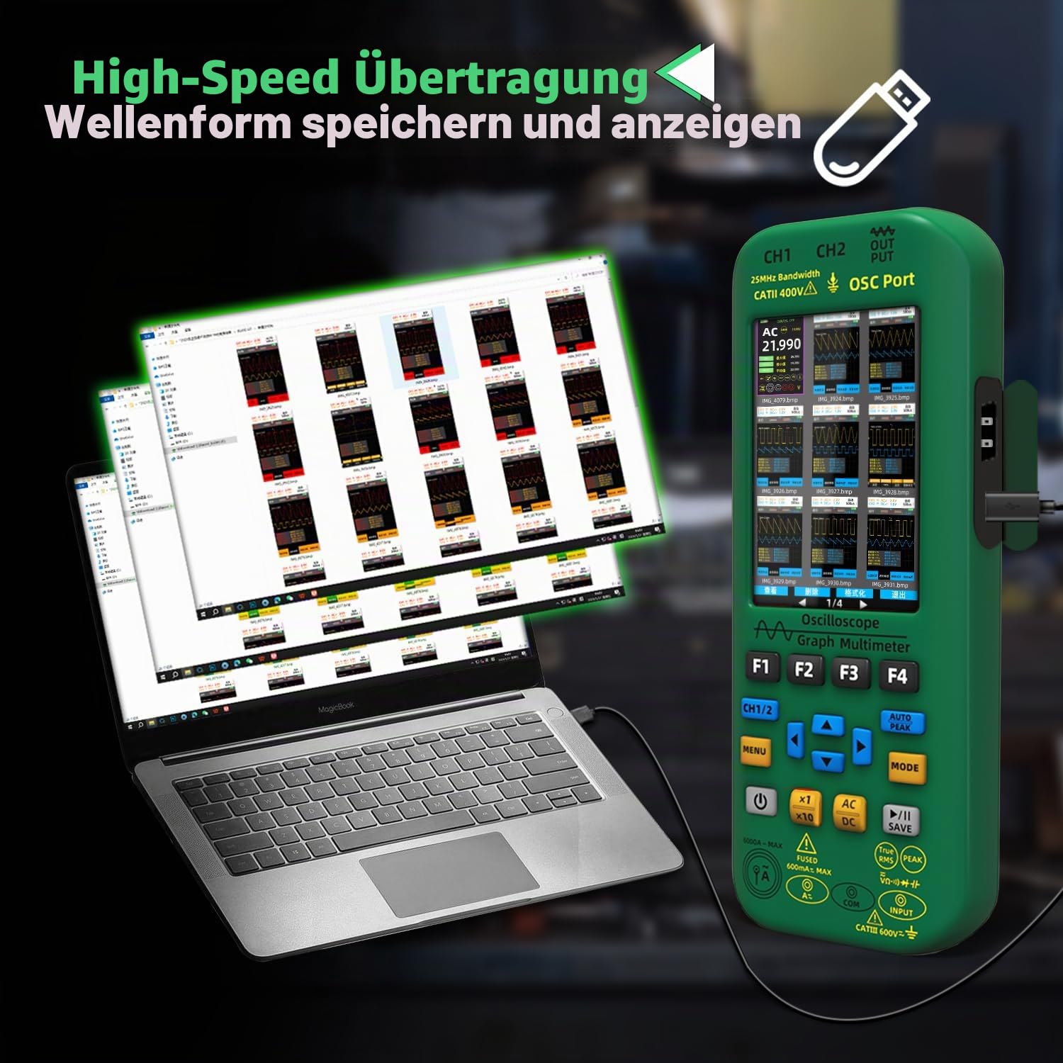 BSIDE 2 Kanal Oszilloskop Multimeter 50MHz Bandbreite Digitales Oszilloskop 3.98'' TFT Handheld Oszilloskop Multimeter Signal Generator Flexible Stromzange 4 in 1 Tester
