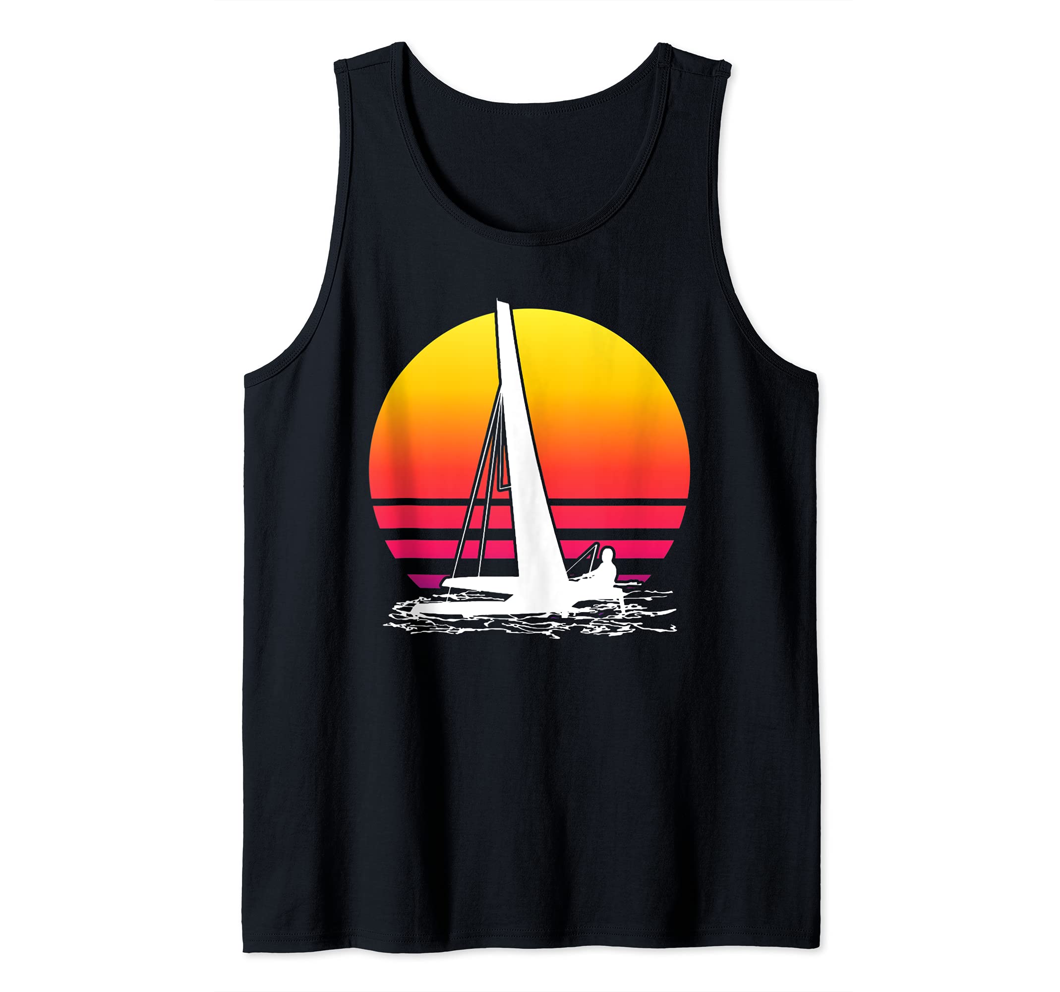 Vintage Sunset Sailing Skipper Design with Catamaran Tank Top, Black