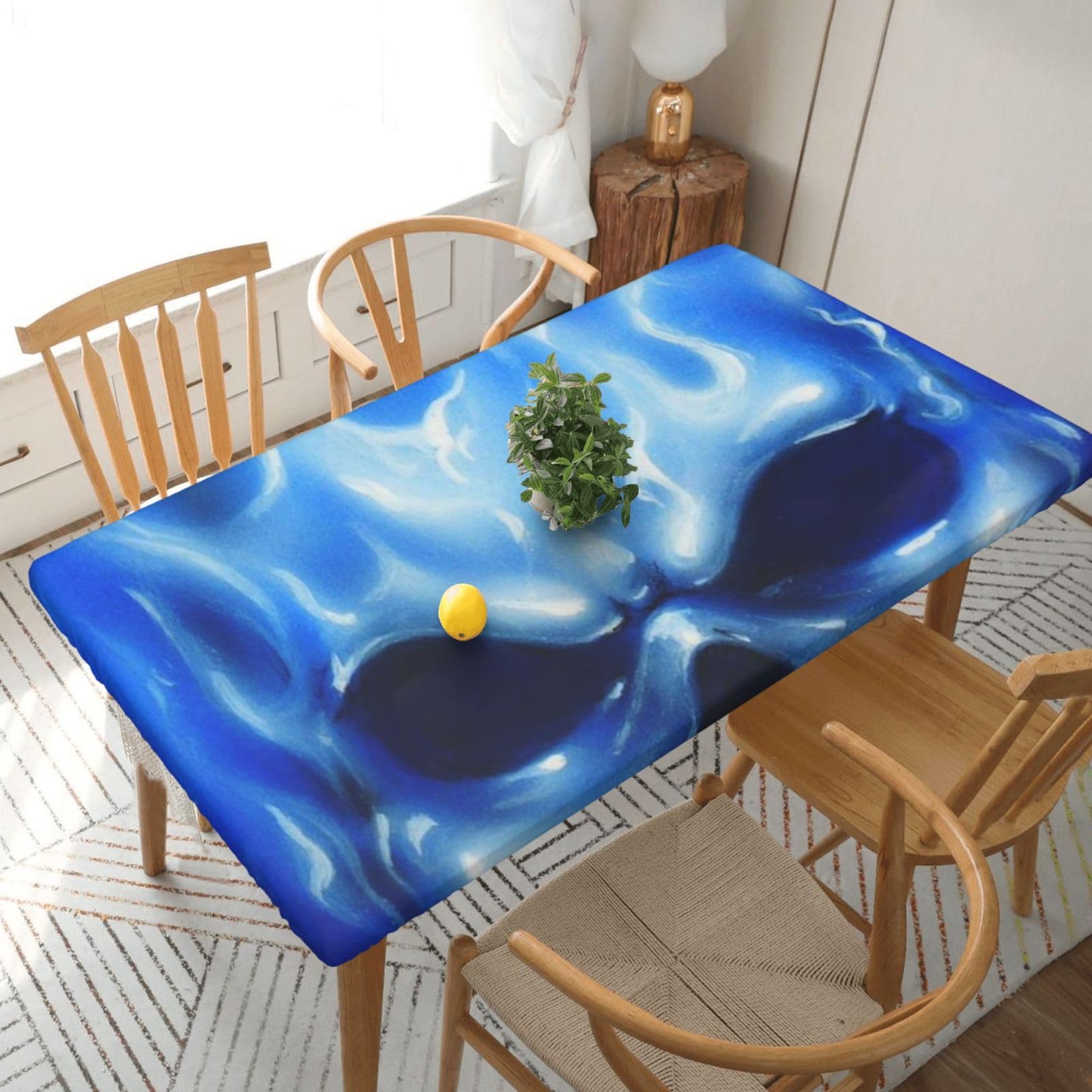 DCEHGEW Elastic Fitted Rectangle Tablecloth for 5ft Tables, blue flame skull Printed Oilproof & Washable Fabric Picnic Table Cloth Table Covers