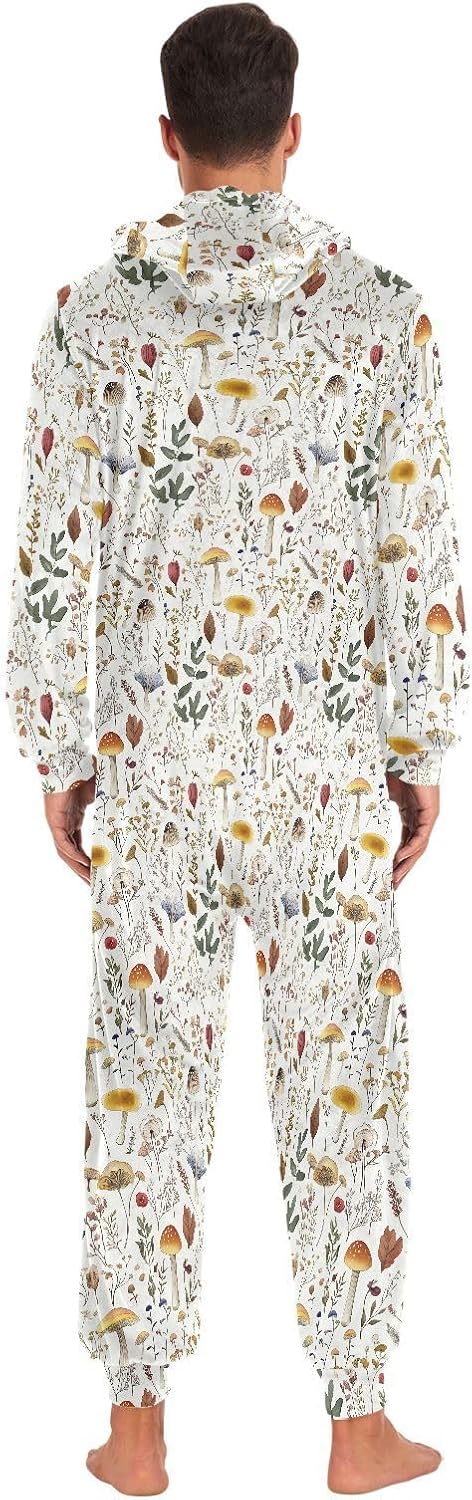 Wildflowers Mushrooms Zipper Hooded Adult Jumpsuit Pajamas with Pockets XS-3XL