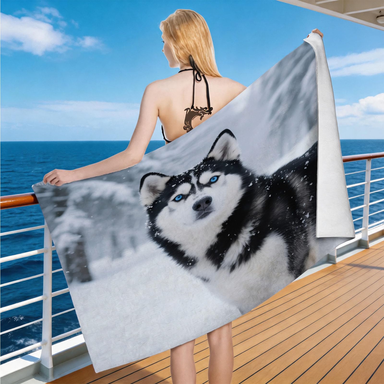 Hongduo Microfiber Quick Dry Beach Towel Snow Husky, 3D Winter Snow Scene Beach Towels Absorbent Fast Drying Bath Towels, Travel Camping Gym Swimming Bathroom (100x200cm)