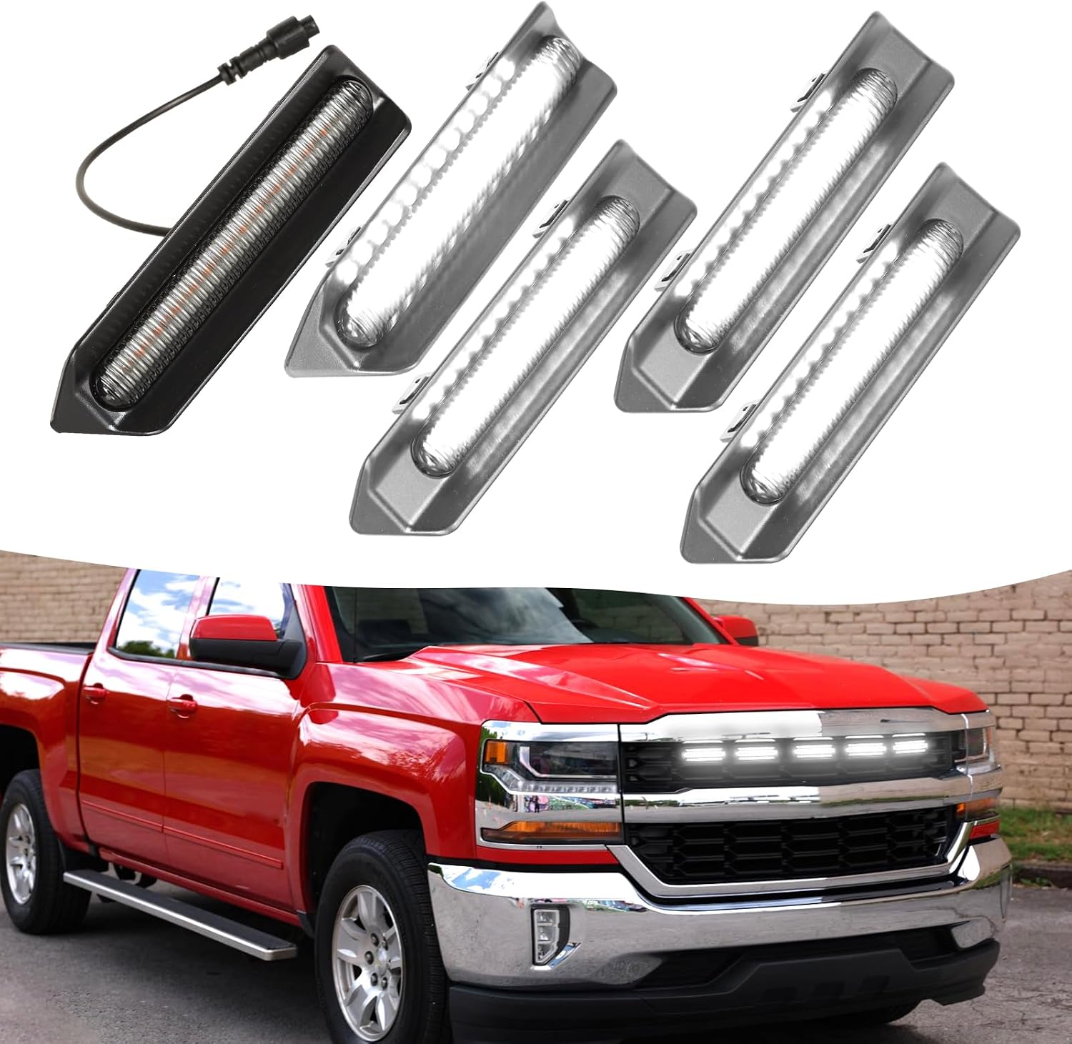 White Led Grill Grille Lights bar Fit for 2016 2017 2018 Chevy Silverado 1500 Custom WT LT LS Accessories (White-5Leds)