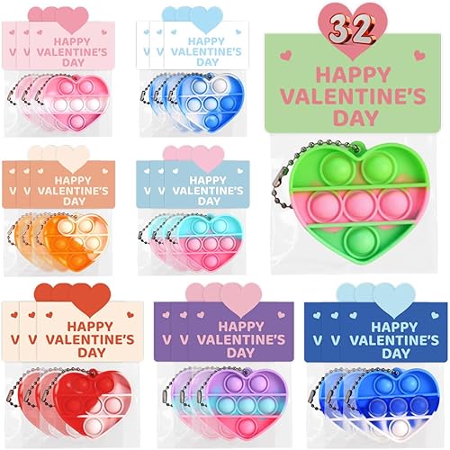 Jinsome Paquete de 32 juguetes para ansiedad y tarjetas prellenadas para el día de San Valentín para el aula de los niños, mini juguetes en forma de