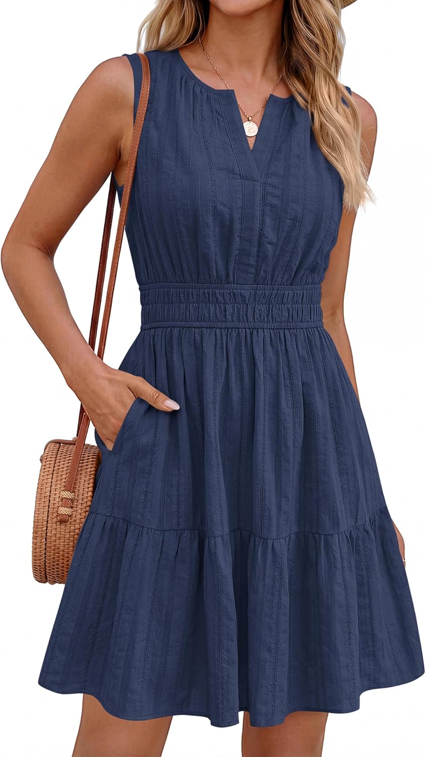 BTFBM Women’s Summer Dresses 2026 Sleeveless V Neck Casual Mini Dress Swing Boho A Line Beach Vacation Sundress Pockets - Image 3