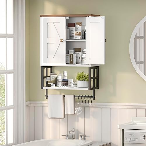 Miniatura 7 de Gabinete de medicina de granja  Organizador de almacenamiento de 3 niveles montado en la pared con estantes ajustables, toallero, 5 ganchos para