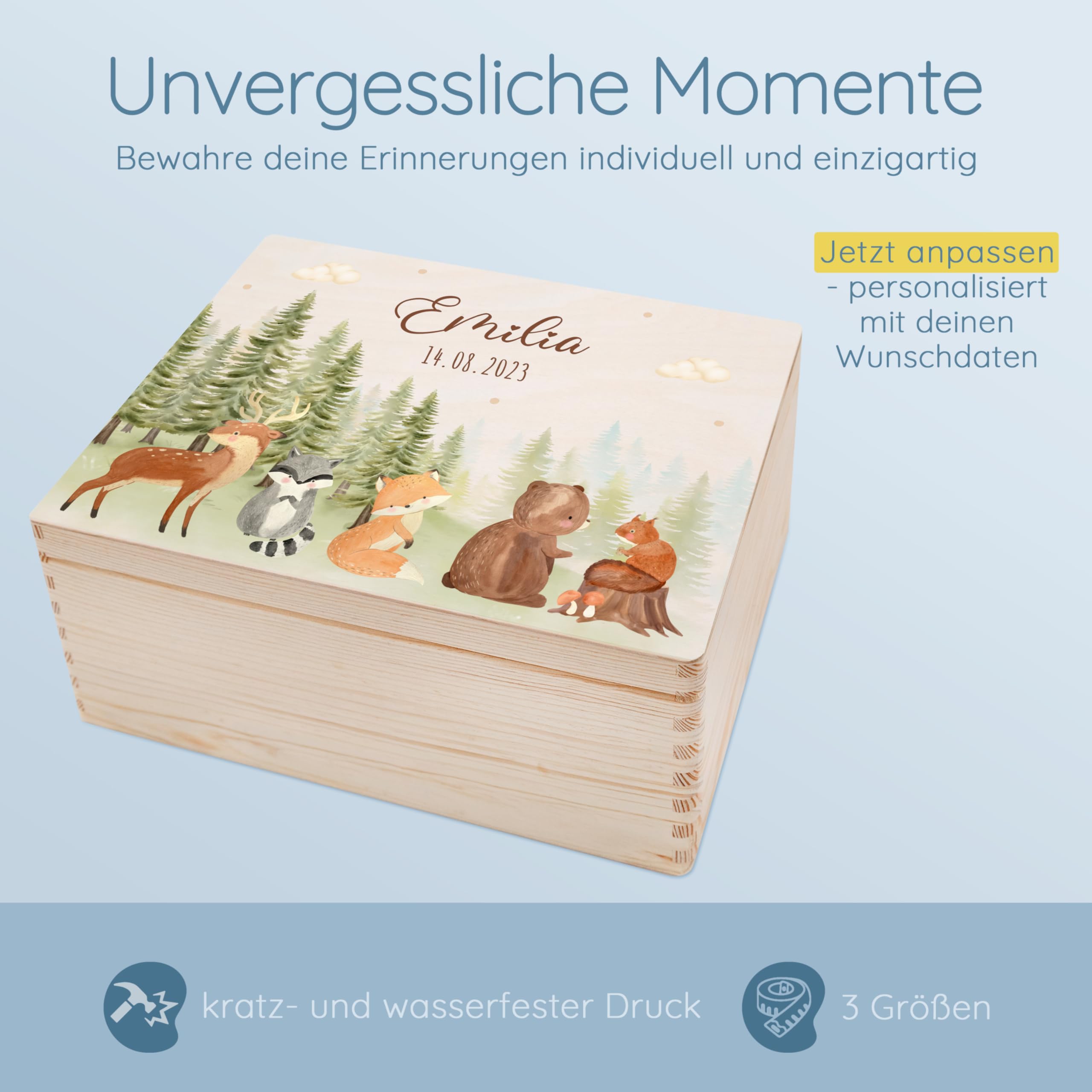 Bärenfreunde - Personalisierte Erinnerungsbox Baby mit Spezial-Druck - Individuelle Baby Erinnerungsbox - Erinnerungskiste aus Holz - Geschenk zur Geburt (M | Klappdeckel,Waldtiere Wolkenwald)