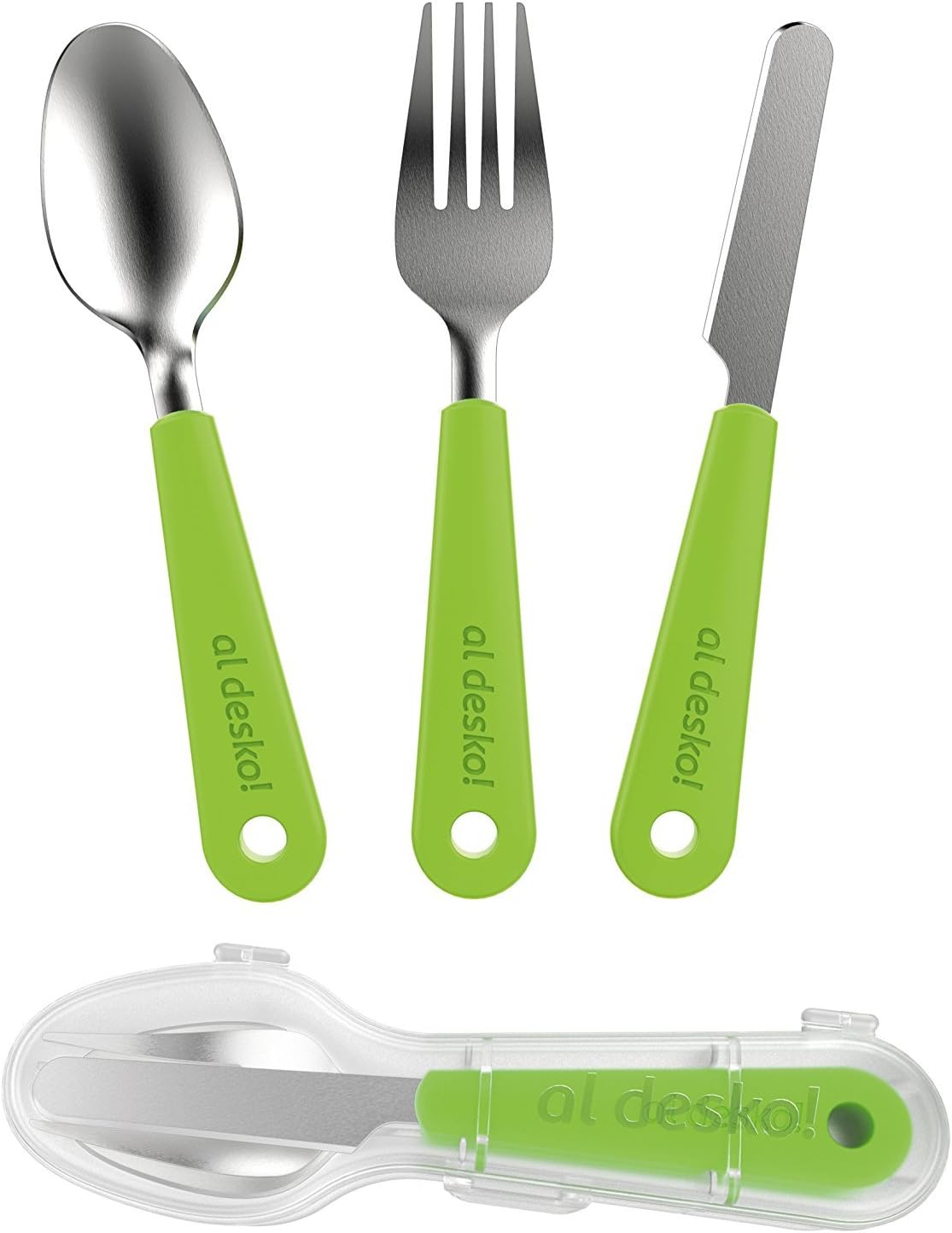 Stainless Steel 3-Piece Cutlery Set with Protective Case for Work, Travel, Lunch Boxes and Camping (Knife/Fork/Spoon), Green