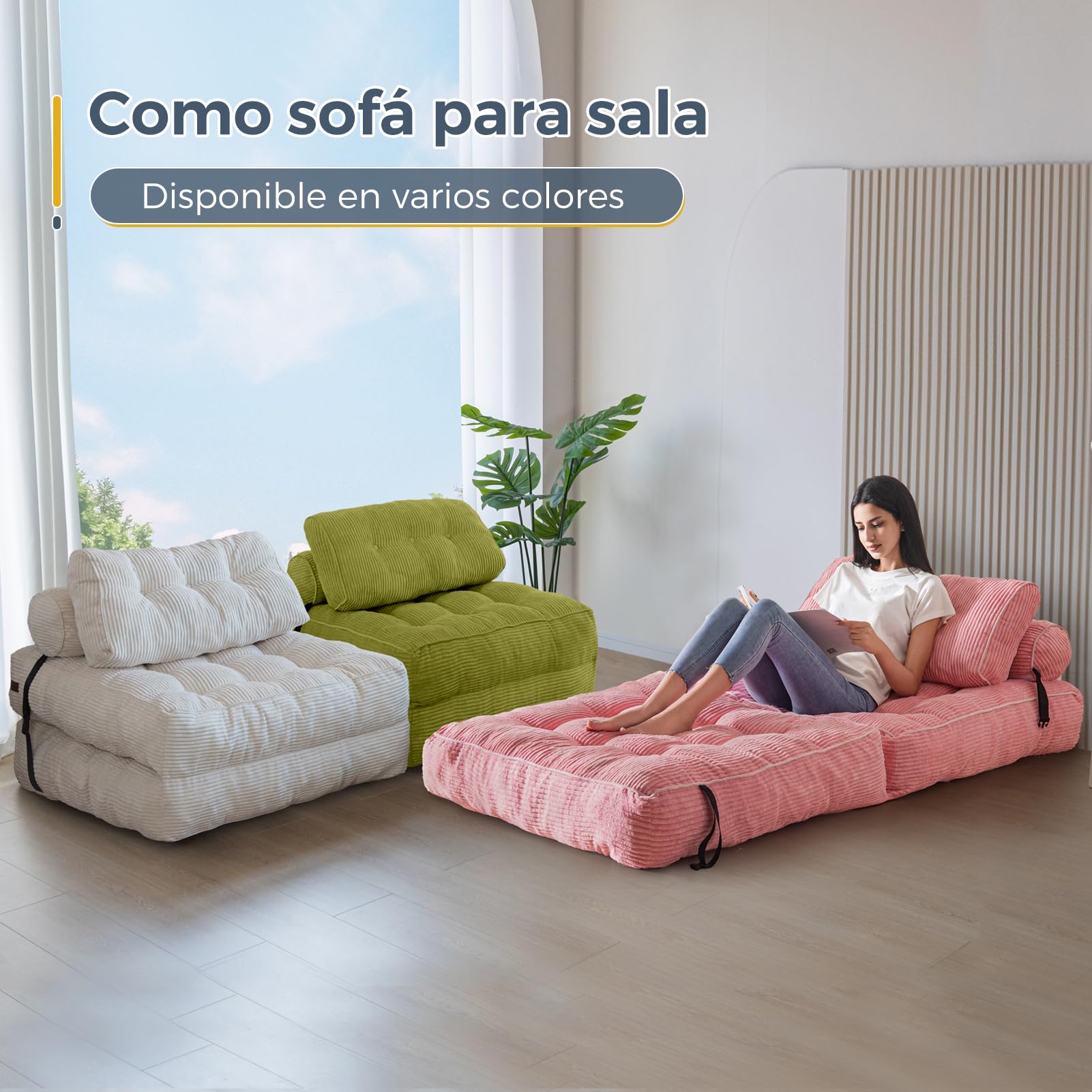 MAXYOYO Sofá cama plegable sofá cama convertible con cojines, colchón con respaldo, silla-cama portátil-Sofá de suelo cómodo para salón dormitorio, Verde