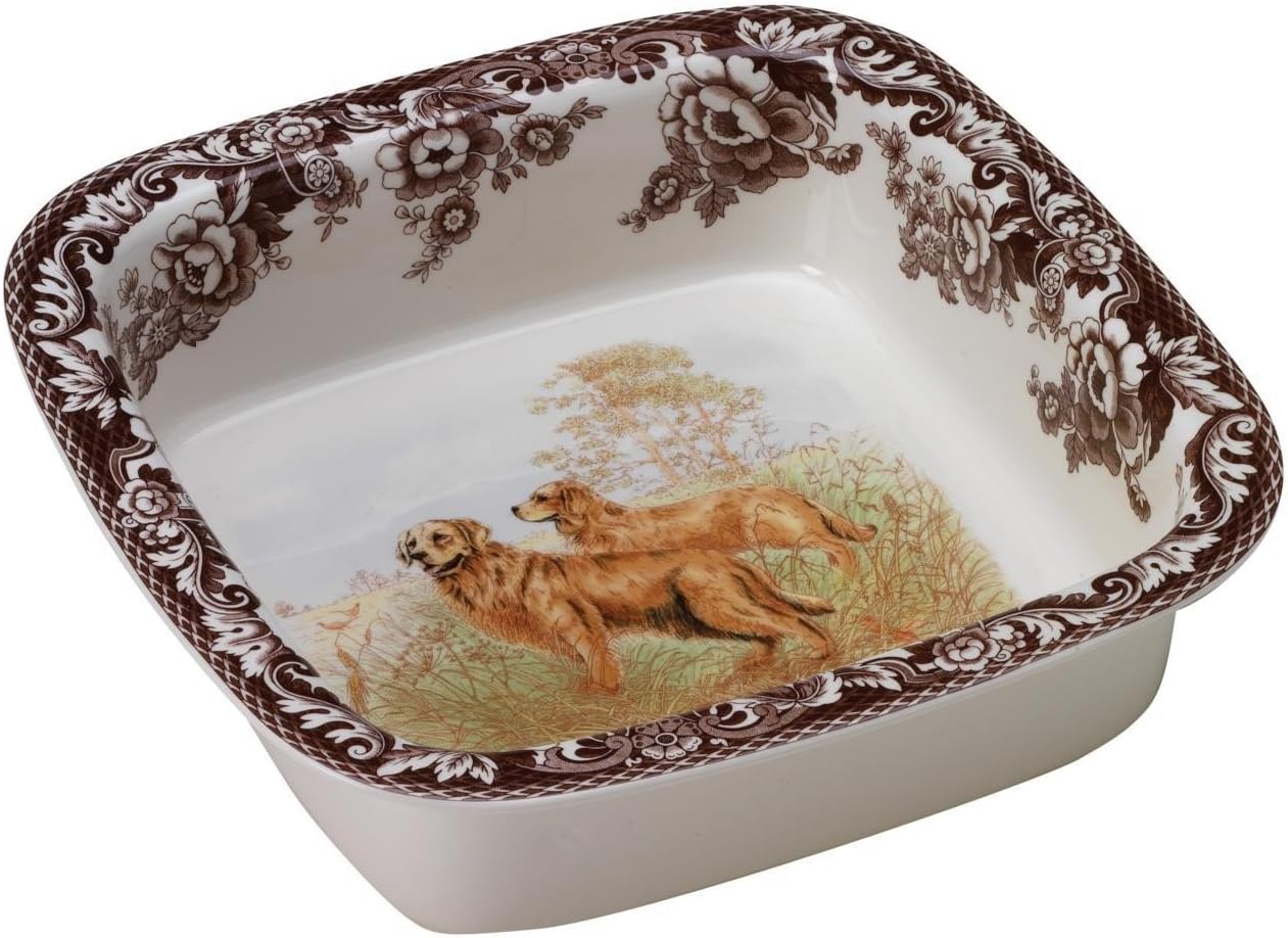Spode Woodland Hunting Dogs Square Rim Dish | 10 Inch Oven Dish with Golden Retriever Motif | Made from Fine Earthenware | Microwave and Dishwasher Safe