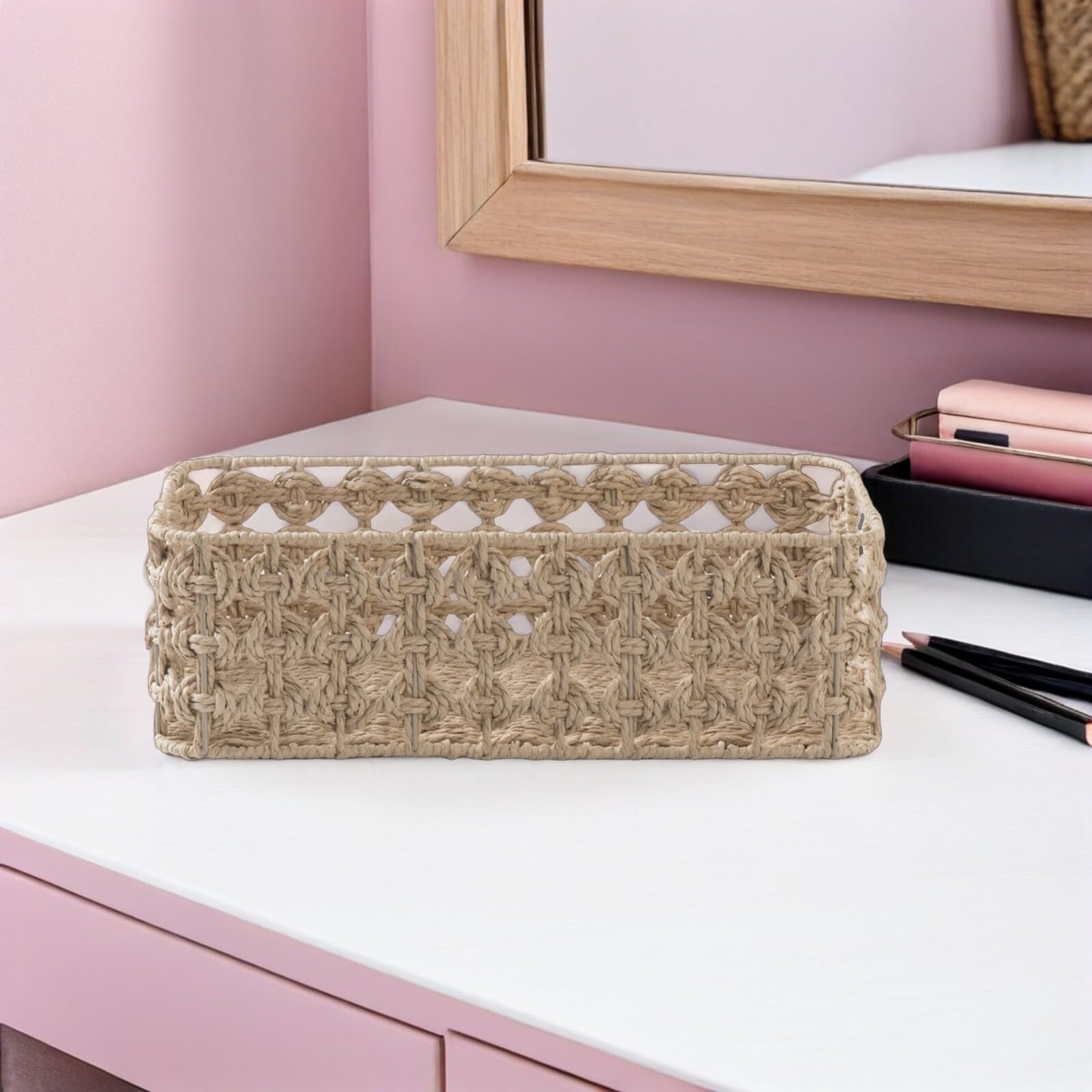 jojofuny Organizer da Tavolo Intrecciato a Mano in Corda di Carta Rettangolare Cestino Portaoggetti per Trucco Snack e Piccoli Accessori Contenitore Salvaspazio per Scrivania e
