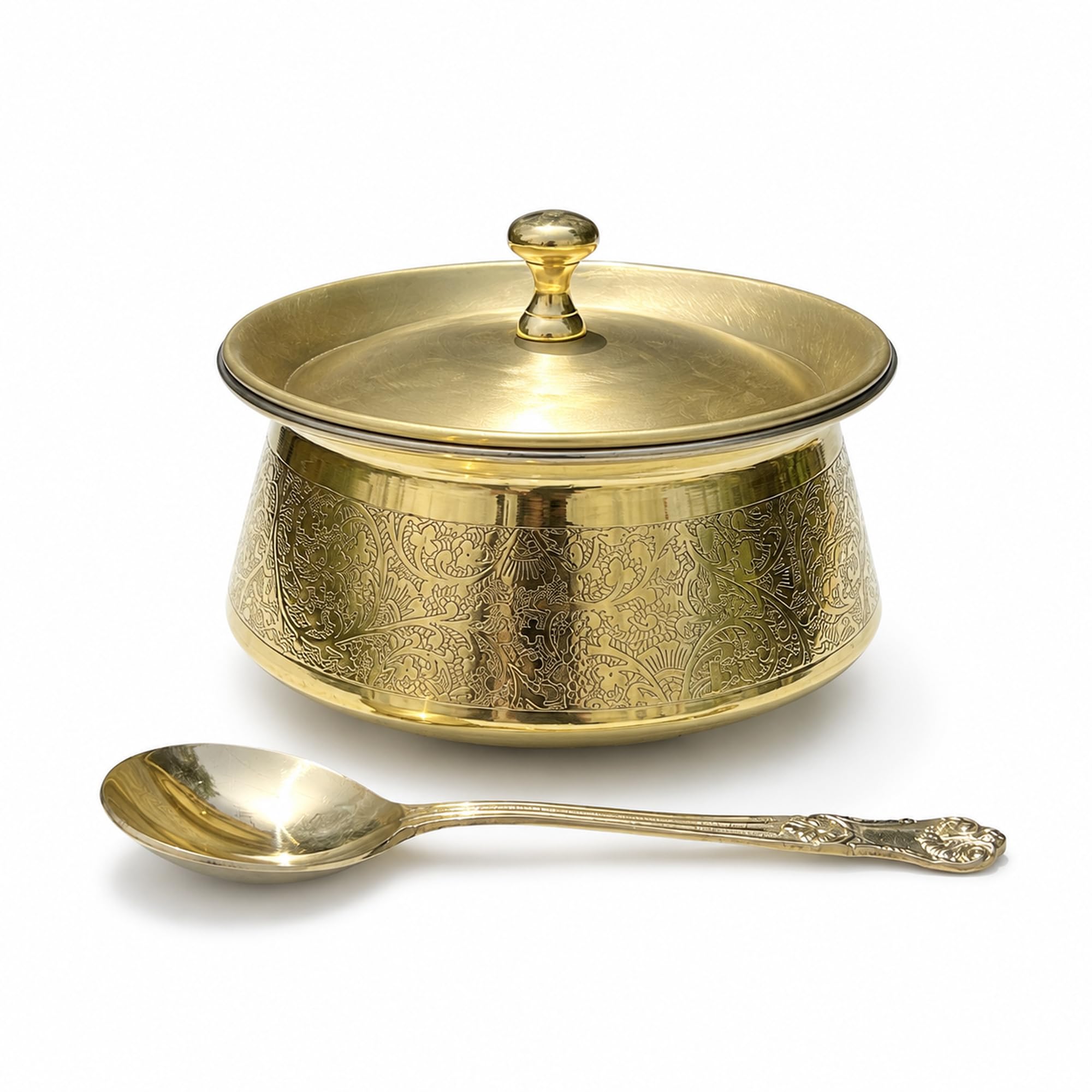 Shiv Shakti Arts Brass Handi with Lid & Serving Spoon, 1.5 Litre | Embossed Design | Inside Tin Kalai Lining | Biryani, Dal and Curry Pot-image-1