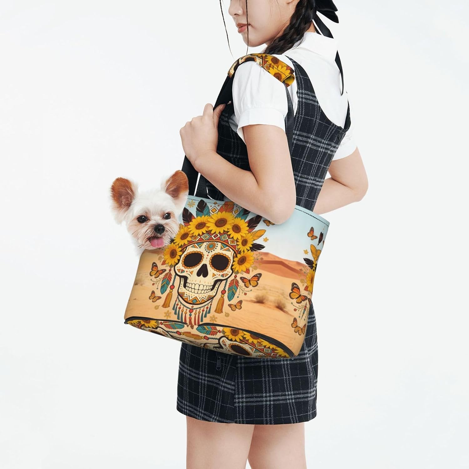 Sunflower-Adorned Sugar Skull Print Dog Purse Carrier for Small Dogs and Cats