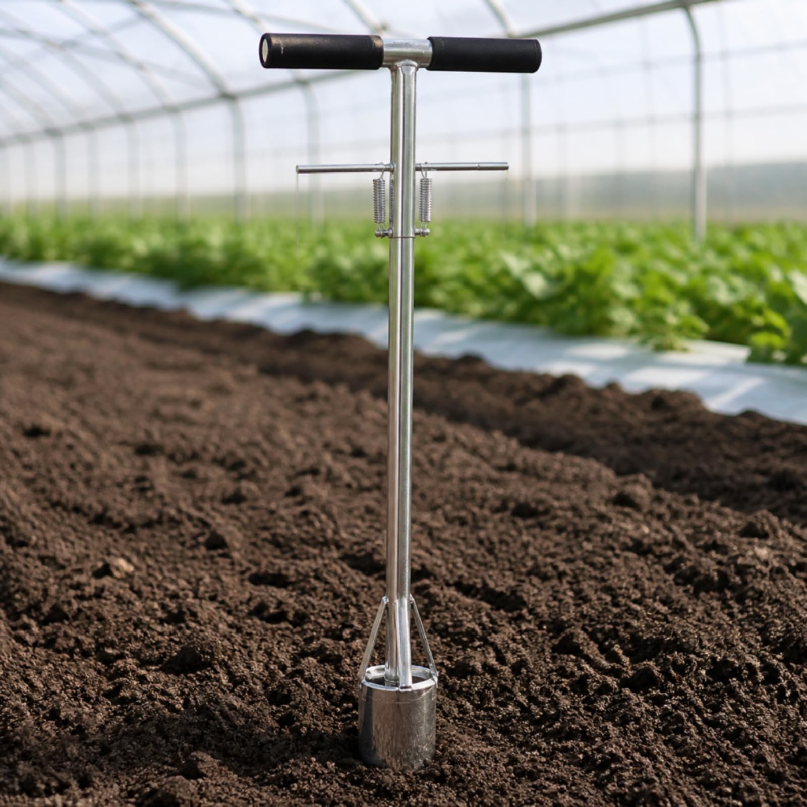 Trasplantador Manual Plántulas Acero Inoxidable Ergonómico Perforador s con Mango en T Portátil para Jardineros, Agricultores, Jardines, 7.5cm