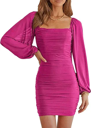 MASCOMODA Women Elegant Square Neck Lantern Long Sleeve Mini Ruched Bodycon Dress Stretch Mesh Slim Party Cocktail Dresses