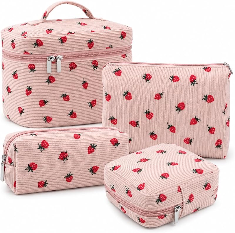 Conjunto com 4 necessaires de veludo cotelê LVWNM 15-PinkBerry