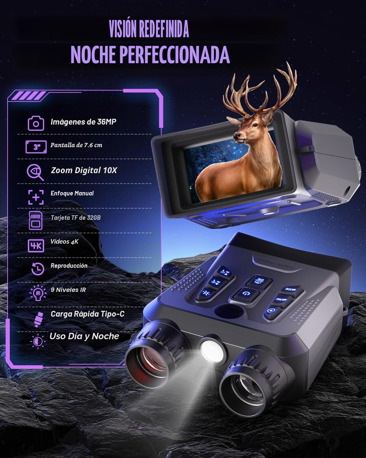 Gafas de visión nocturna, prismáticos de visión nocturna 4K para adultos de alta potencia, cámara de visión nocturna HD de 3 pulgadas, gafas infrarrojas para acampar y al aire libre con tarjeta TF de
