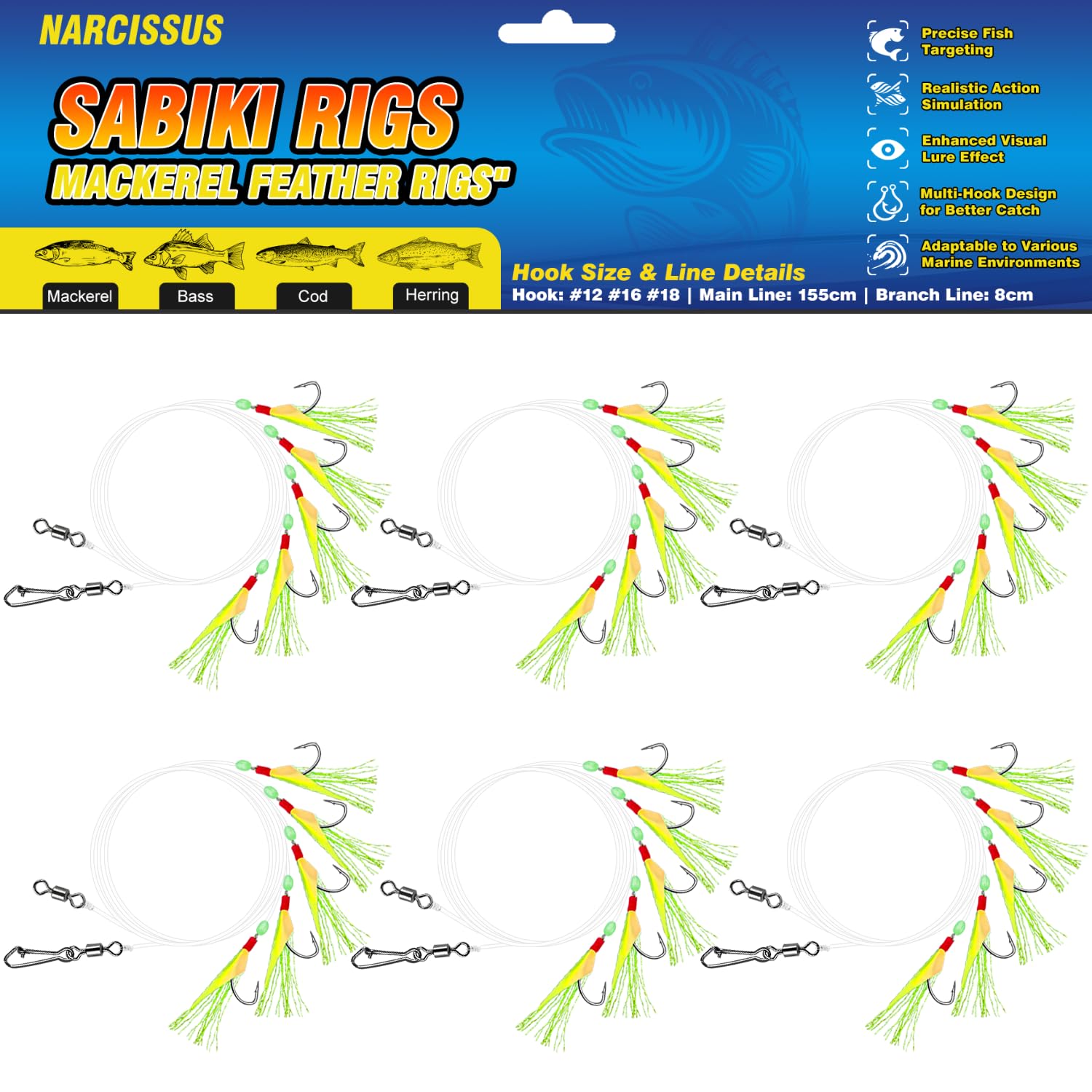 Narcissus Mackerel Feather Rigs, 6 Pack Pre-Tied Sabiki Rigs for Sea Fishing with 30 Hooks, Luminous Beads & Bionic Insects, Perfect for Mackerel, Pollock, Cod, Herring, Bass
