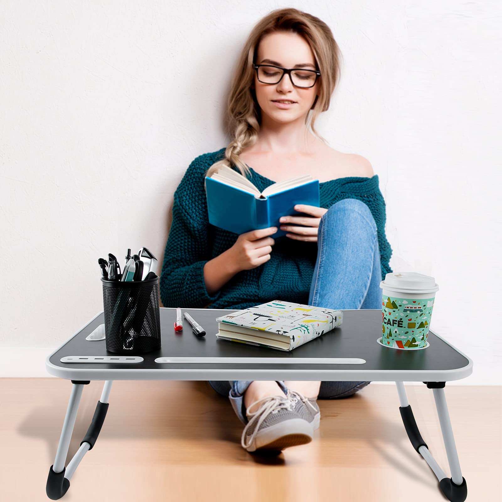 BigTron Table d'ordinateur Portable Pliable avec Porte-gobelet, tiroir de Rangement, 4 Ports USB pour Ordinateur Portable/Plateau de lit/Bureau de lit/Bureau de Bureau/canapé/Bureau de Bureau (Noir)